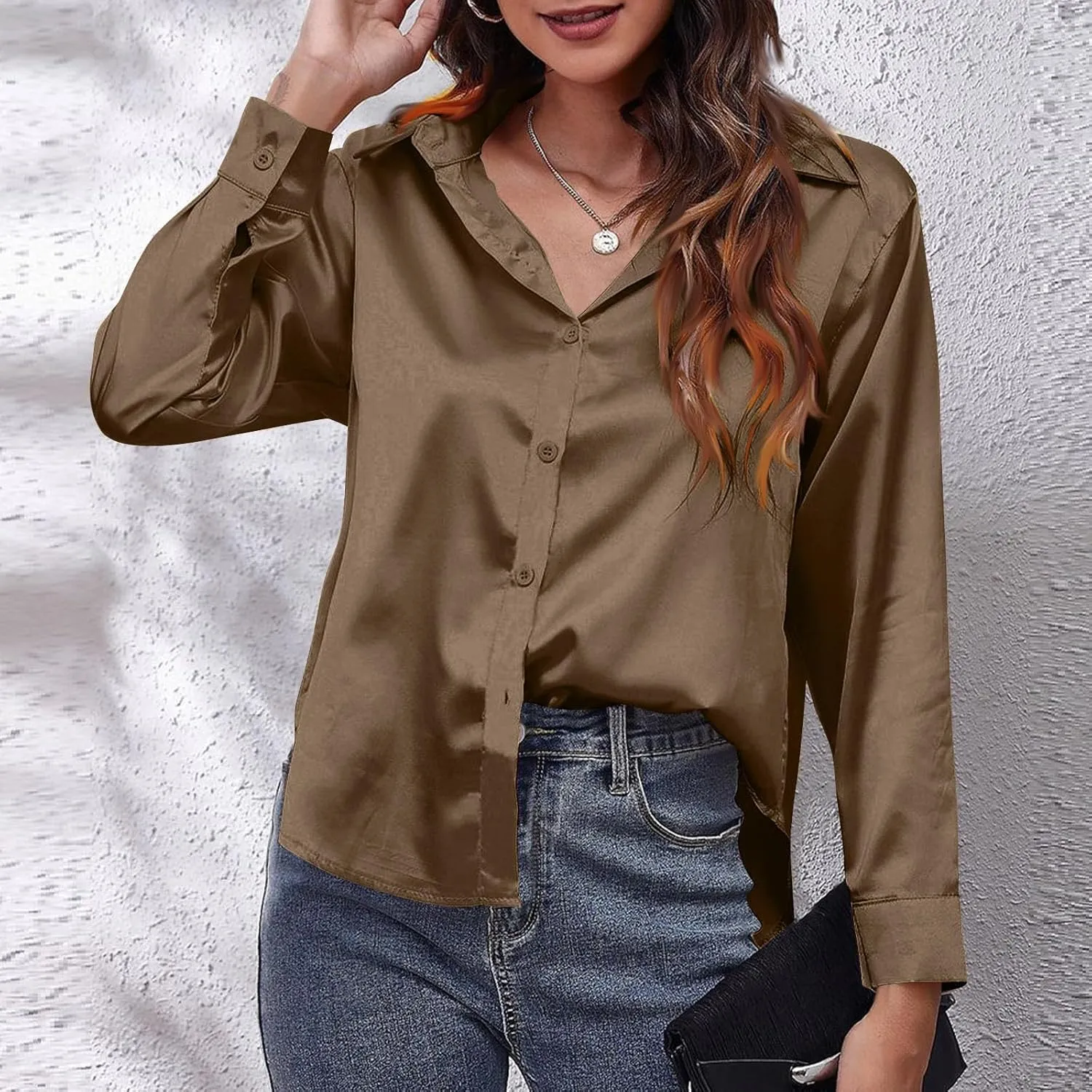 Casaul Button Down Shirts for Women, Womens Satin Silk Lapel Collar T-Shirts Comfy Soft Solid Color Blouses