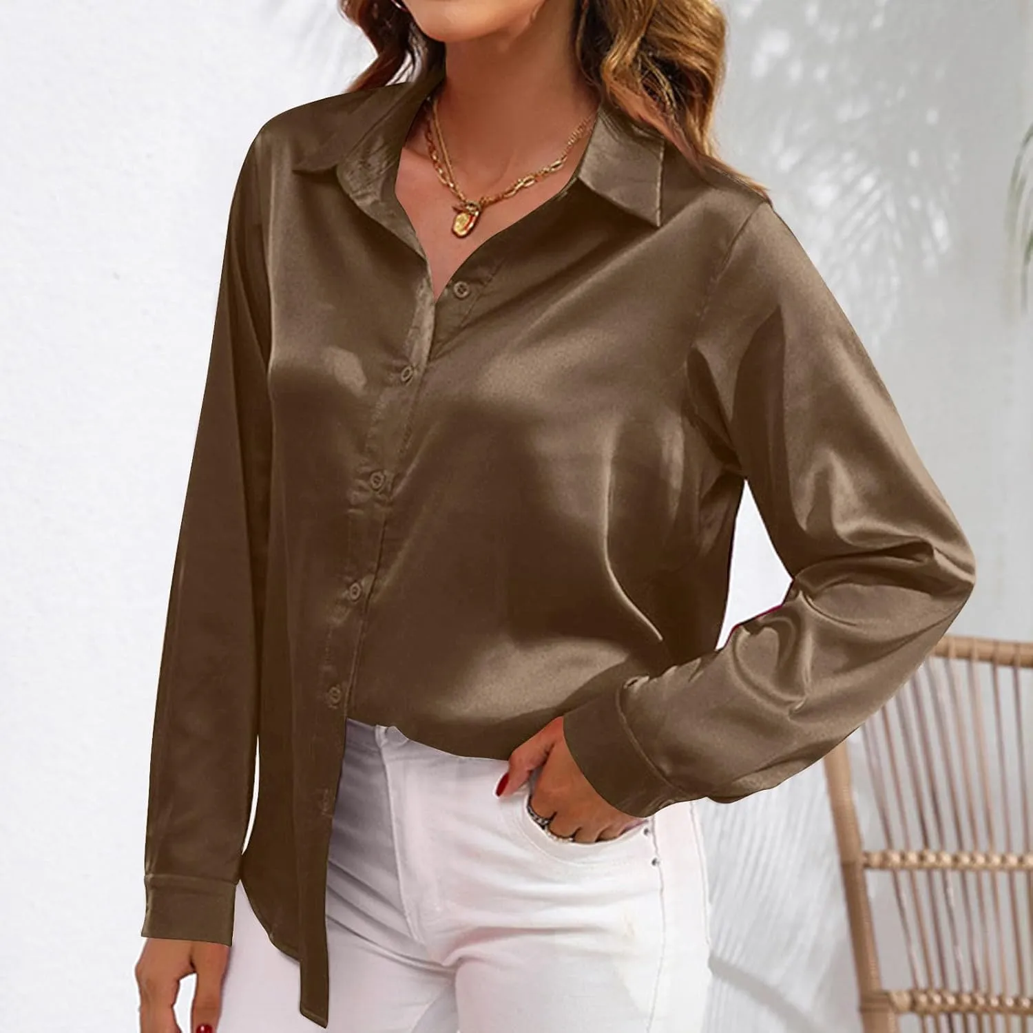 Casaul Button Down Shirts for Women, Womens Satin Silk Lapel Collar T-Shirts Comfy Soft Solid Color Blouses