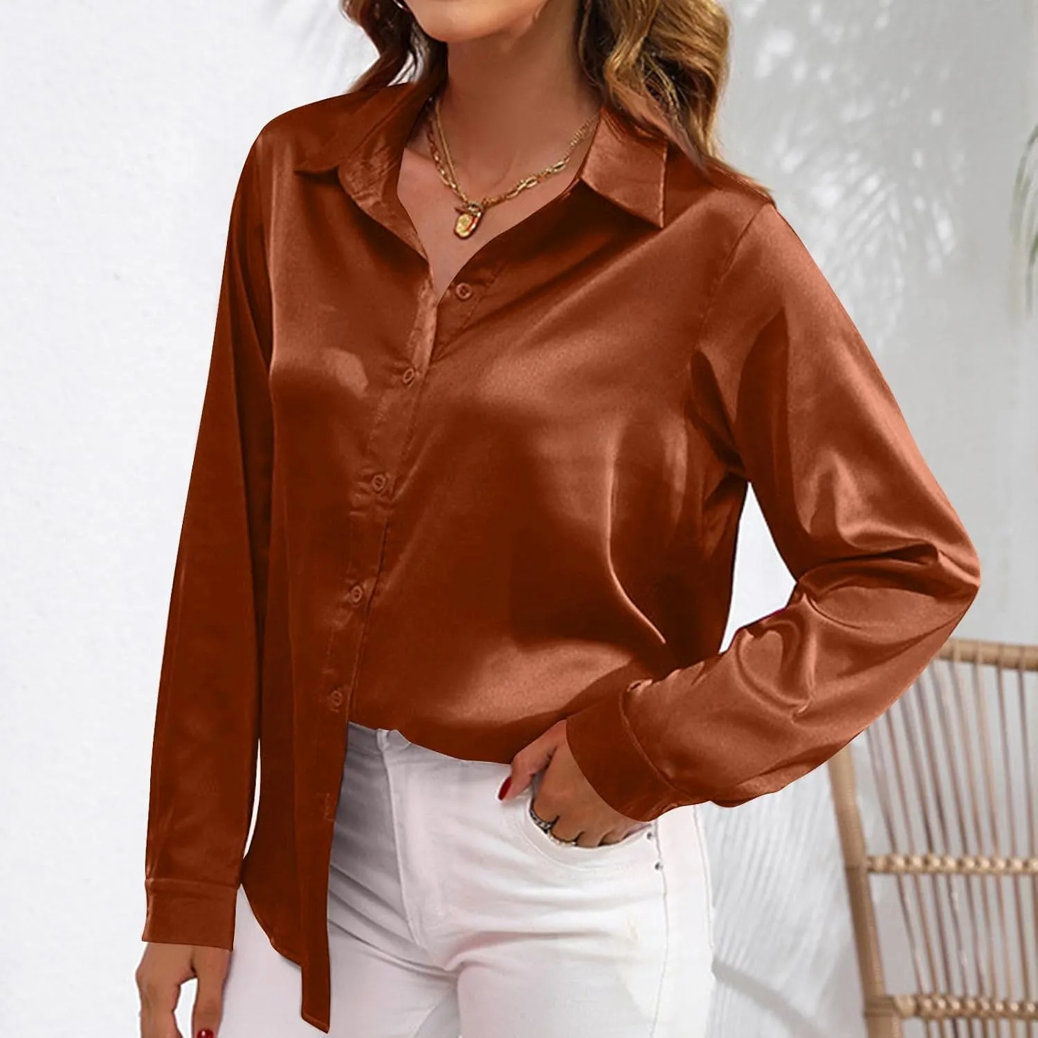 Casaul Button Down Shirts for Women, Womens Satin Silk Lapel Collar T-Shirts Comfy Soft Solid Color Blouses