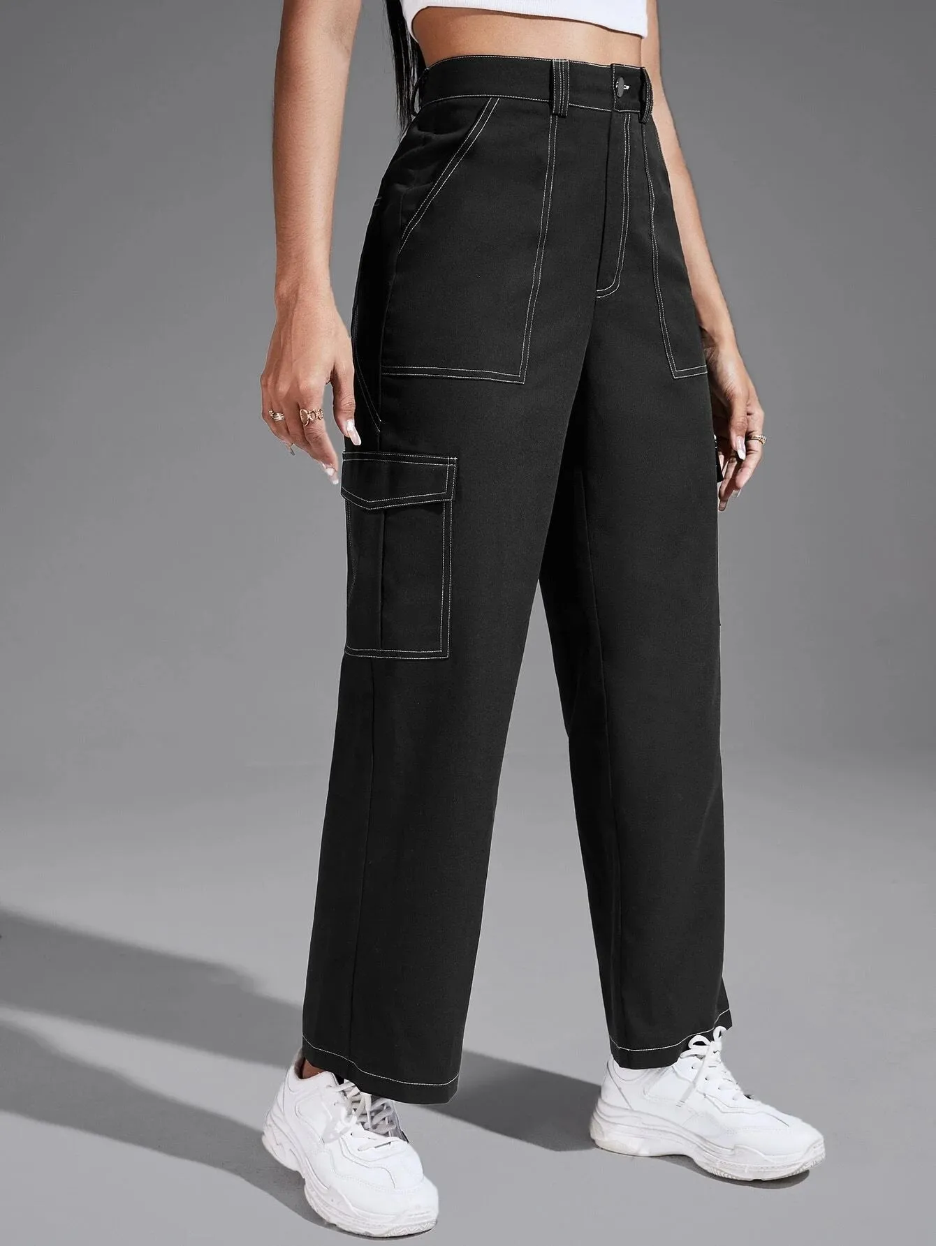 Casual Black Flap Pocket Pants