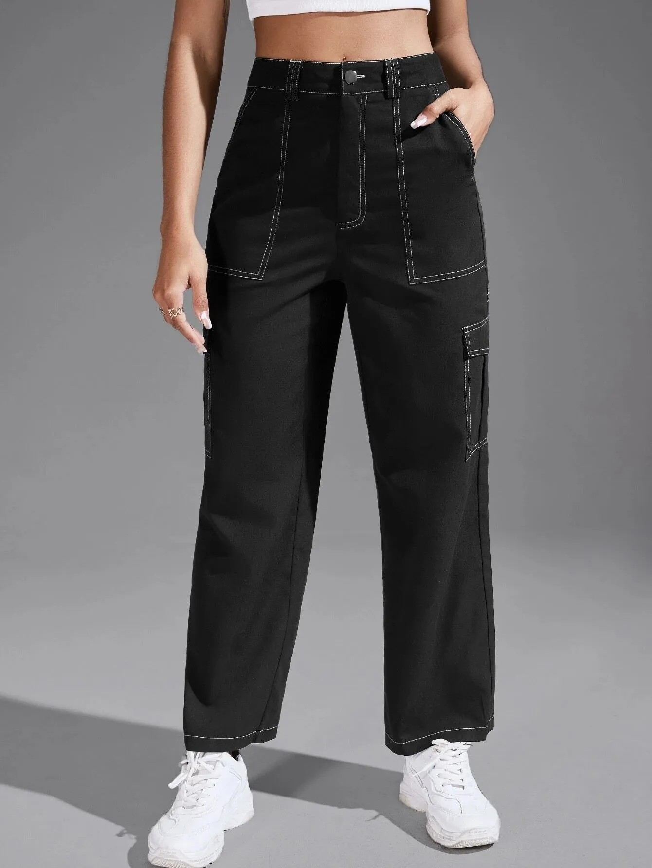 Casual Black Flap Pocket Pants