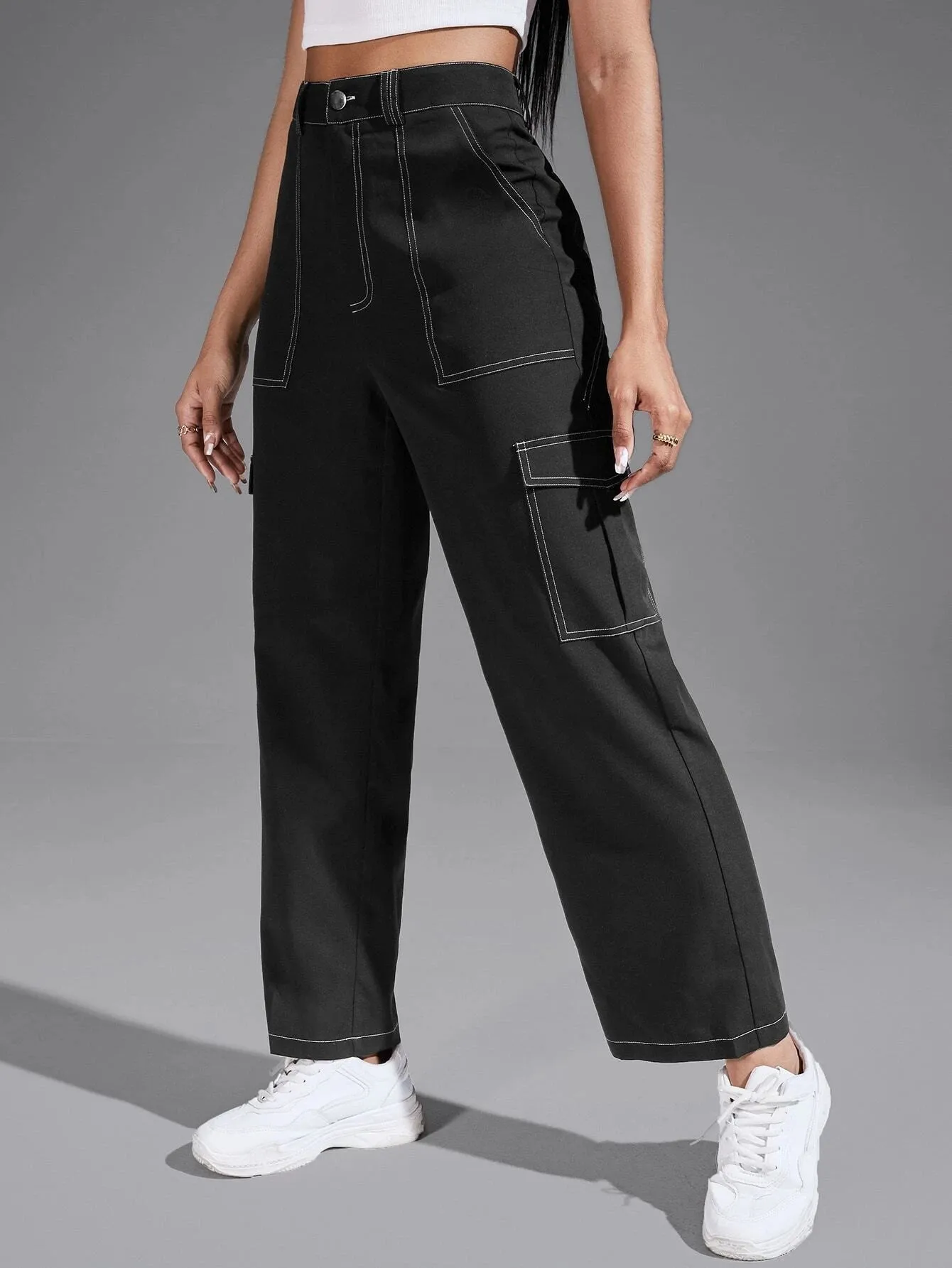 Casual Black Flap Pocket Pants