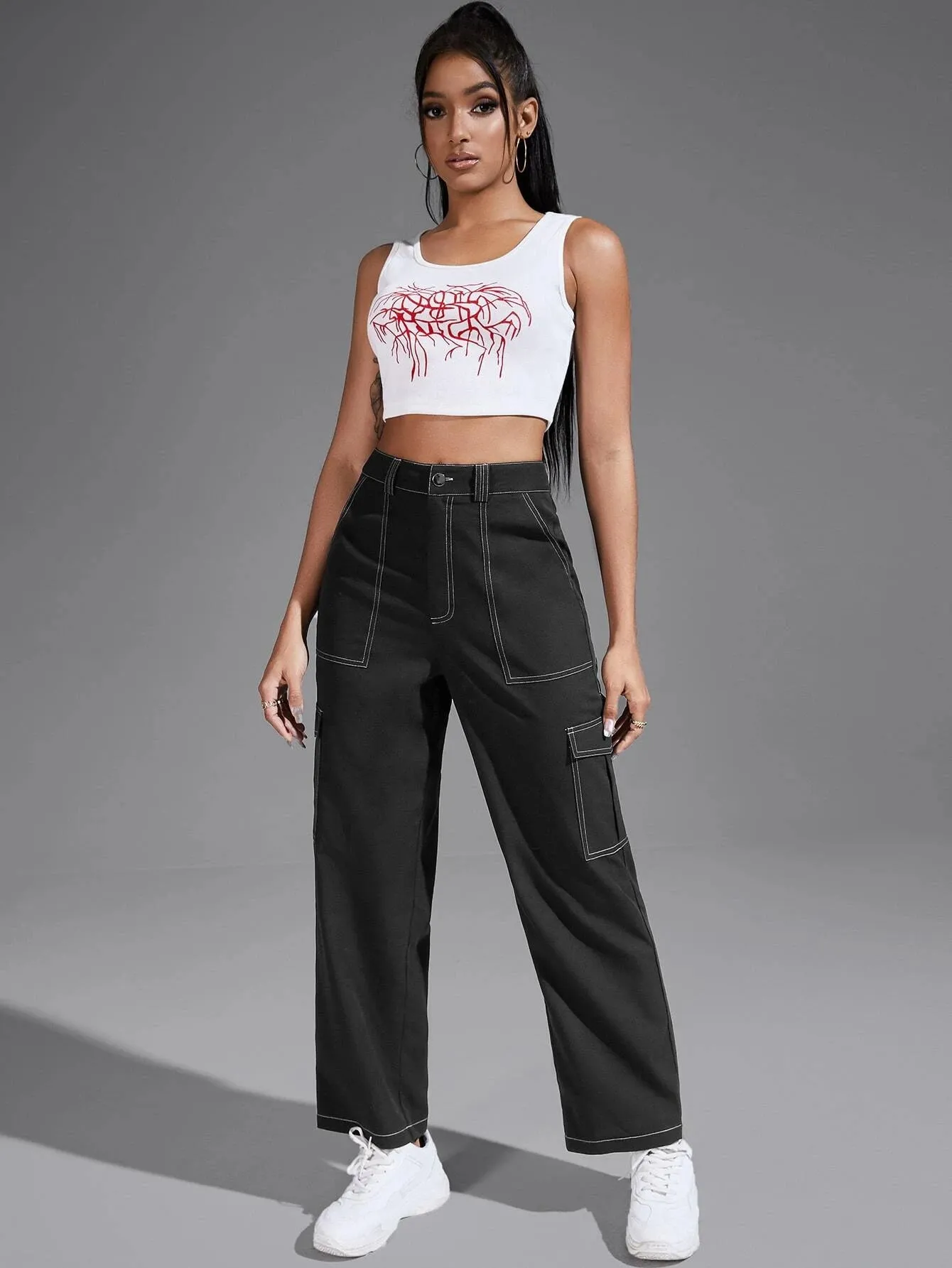 Casual Black Flap Pocket Pants