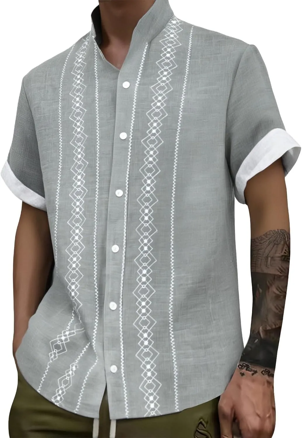 Casual Cotton Linen Guayabera Tropical Shirts for Men Short Sleeve Button Down Vintage Hippie Beach Pocket Shirt