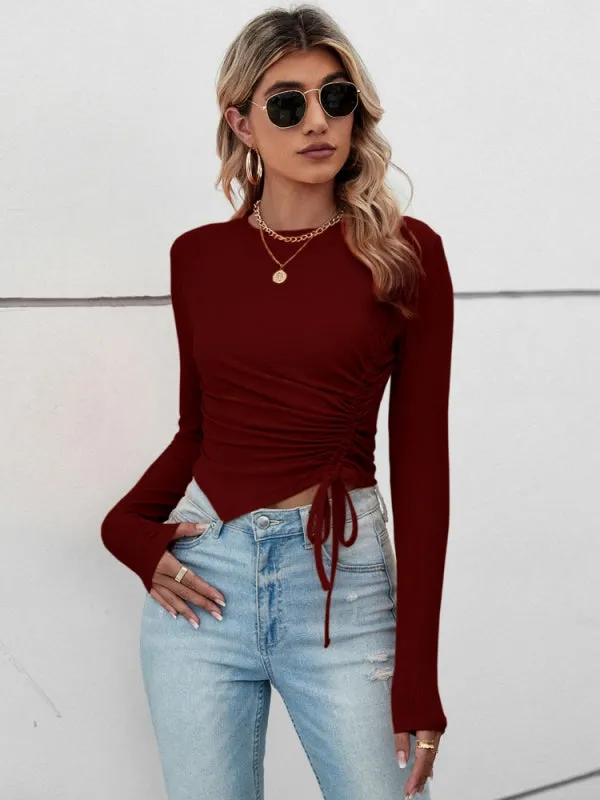 Casual Irregular Pleated Slim Long Sleeve T-shirt