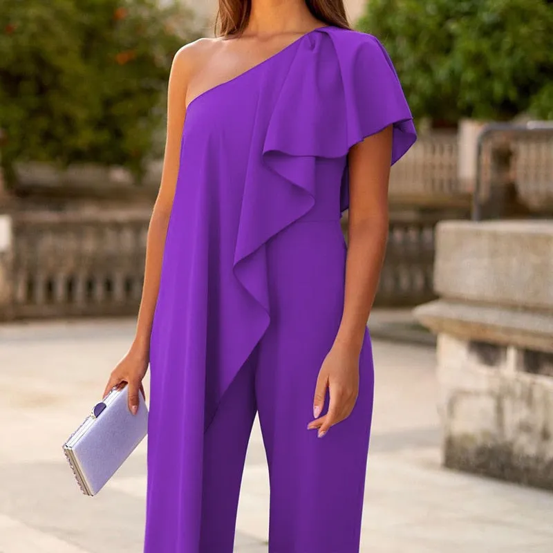 Casual Off-Shoulder Ruffle Straight Sleeve Jumpsuit