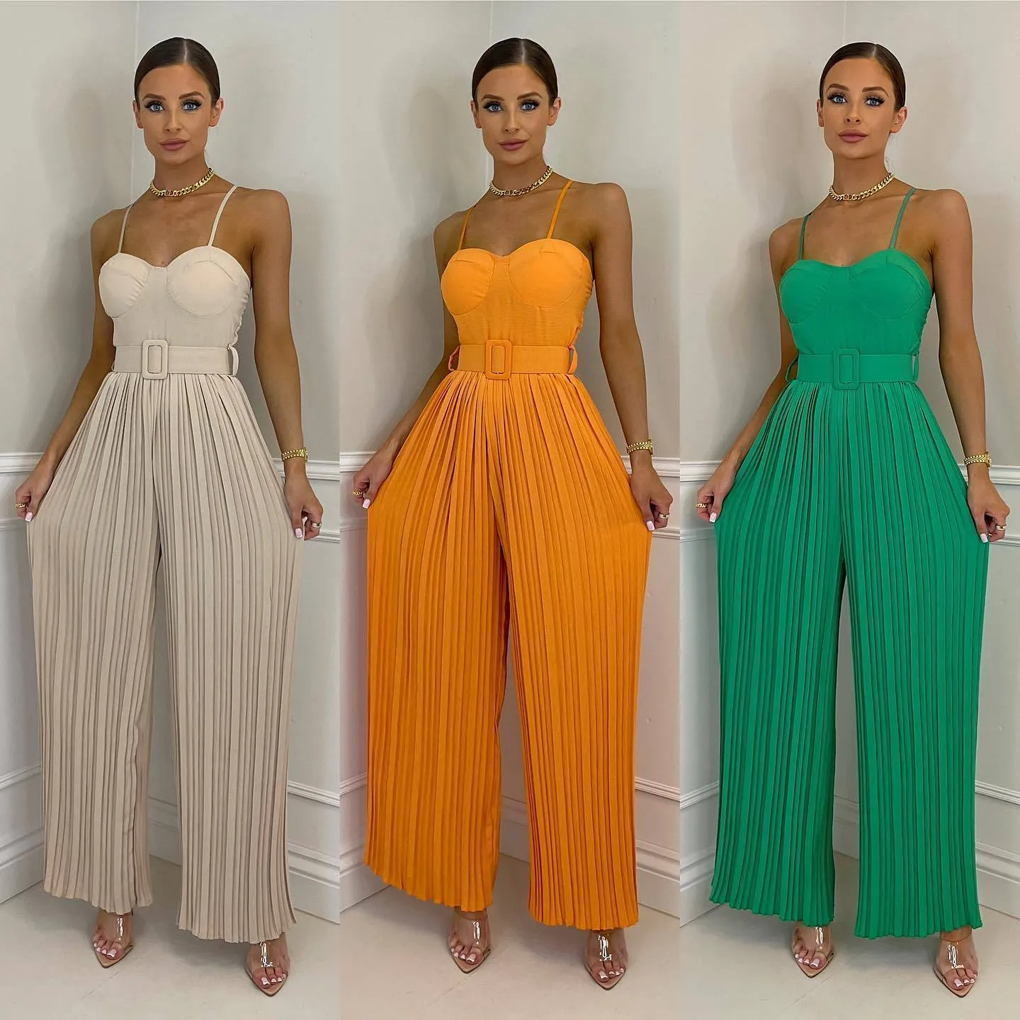 Casual Suspender Sleeveless Pleated Wide Leg Jumpsuit