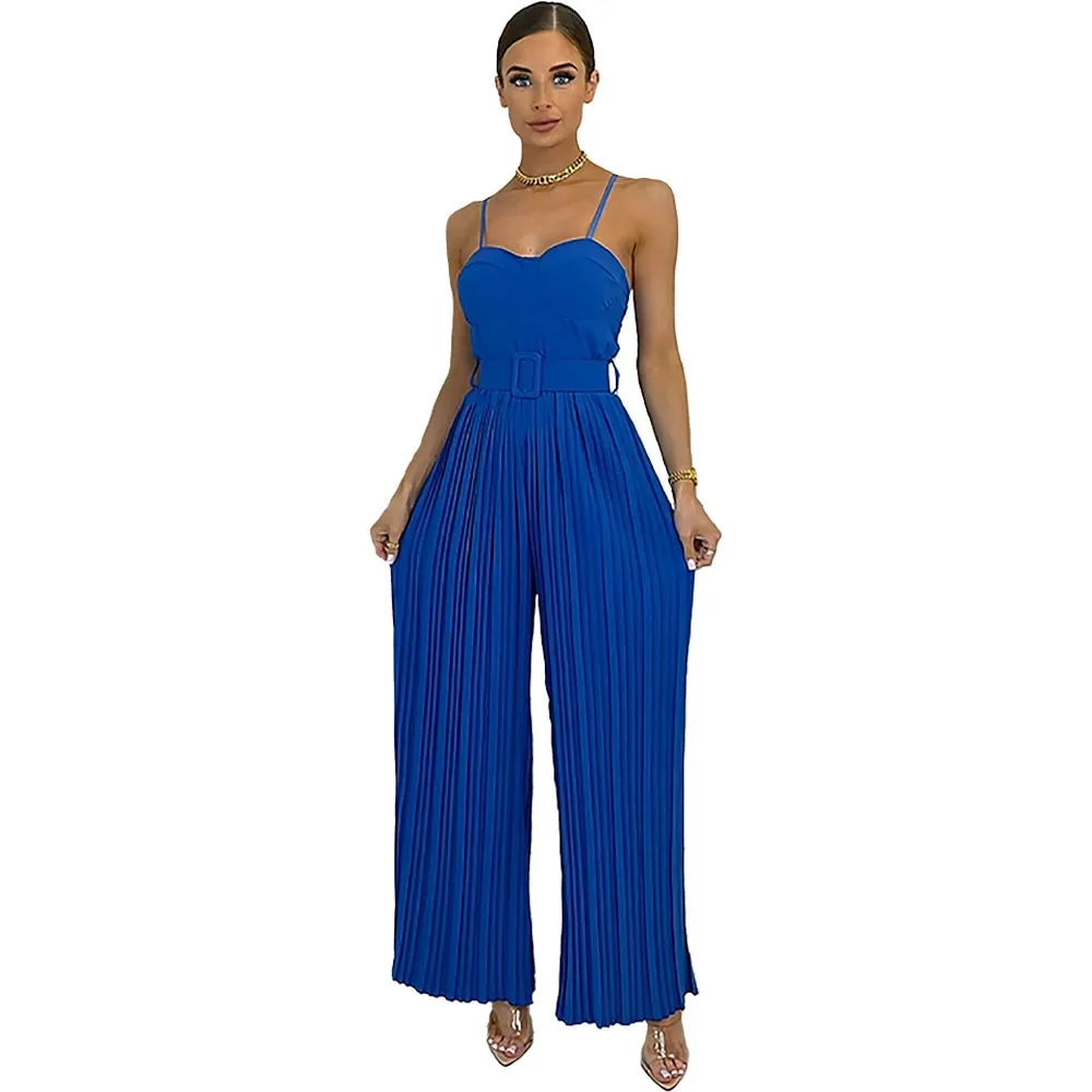 Casual Suspender Sleeveless Pleated Wide Leg Jumpsuit
