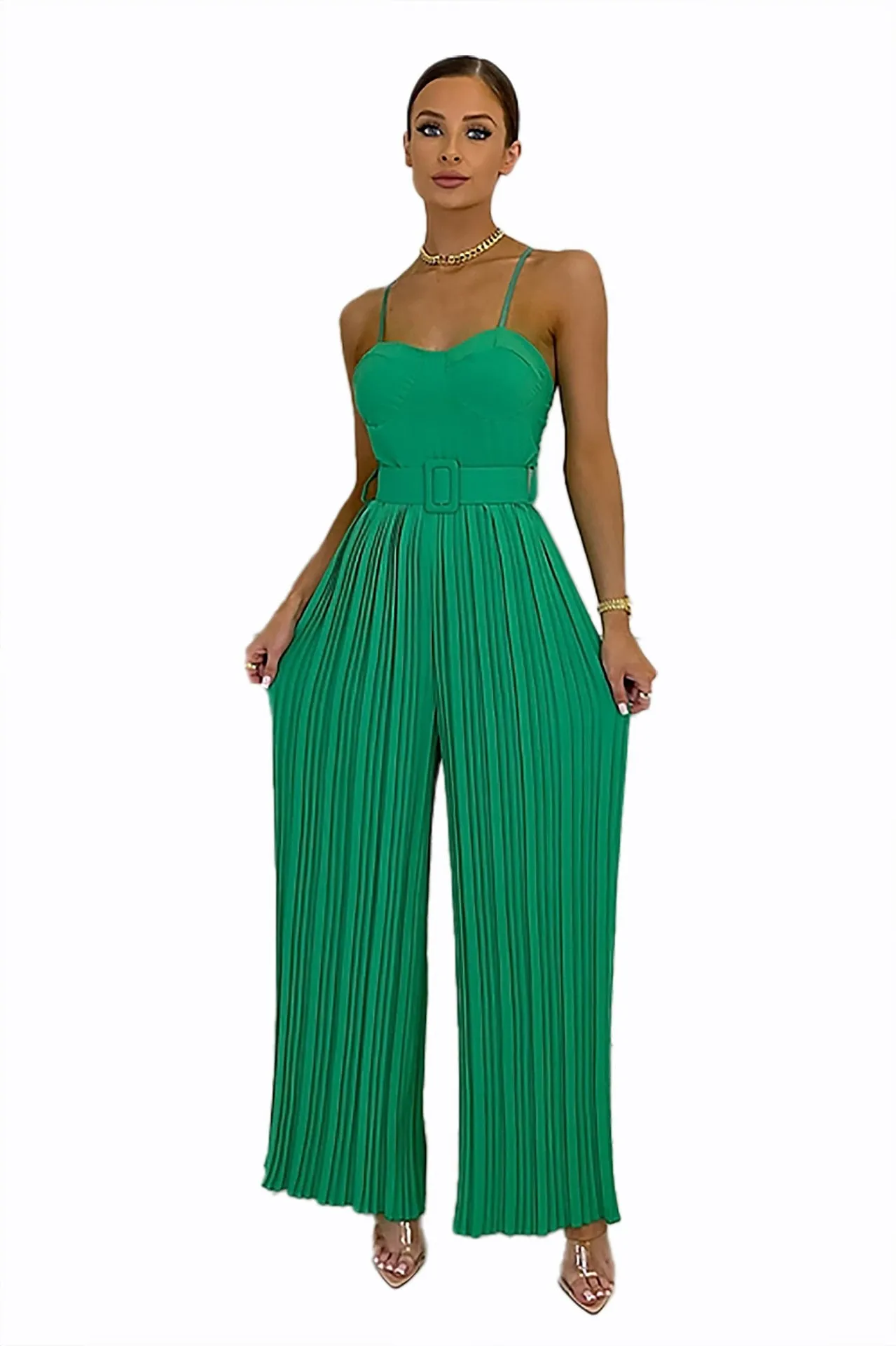 Casual Suspender Sleeveless Pleated Wide Leg Jumpsuit