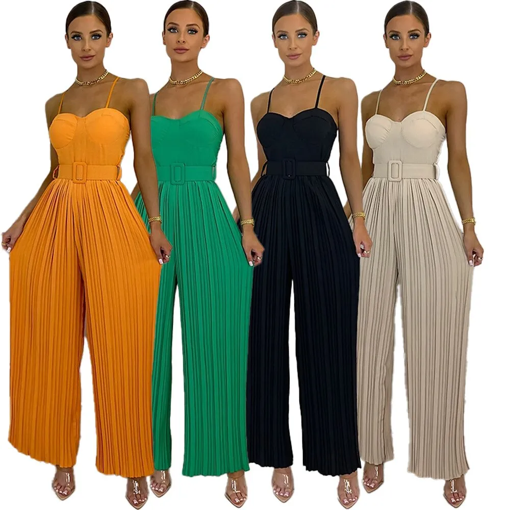 Casual Suspender Sleeveless Pleated Wide Leg Jumpsuit