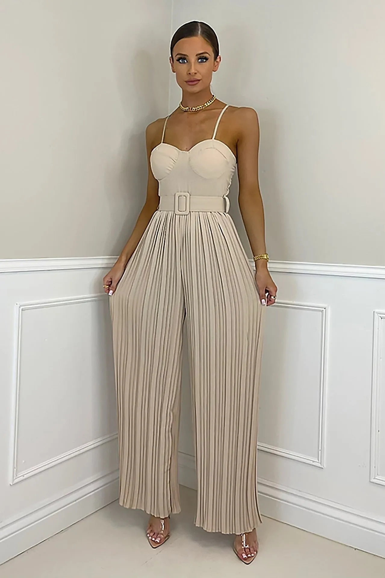 Casual Suspender Sleeveless Pleated Wide Leg Jumpsuit