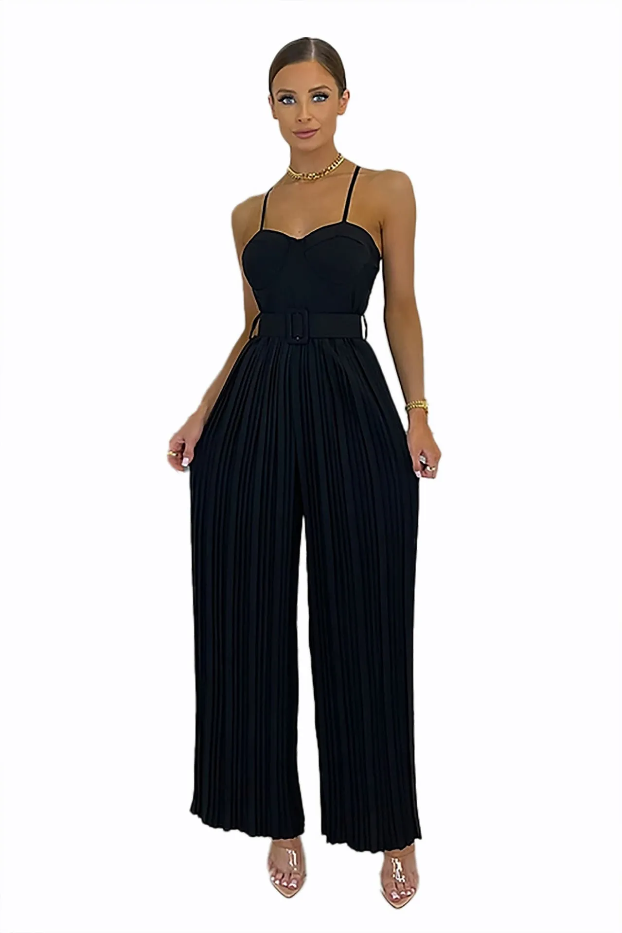 Casual Suspender Sleeveless Pleated Wide Leg Jumpsuit