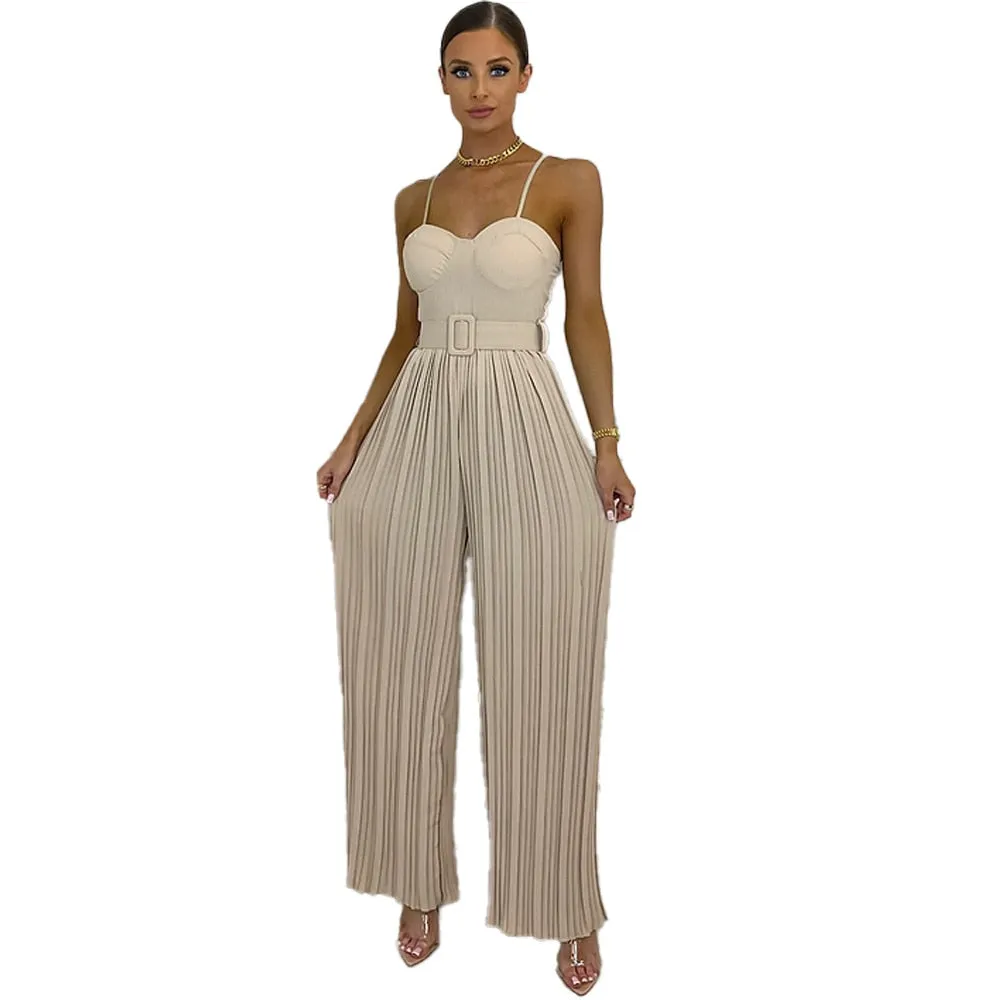 Casual Suspender Sleeveless Pleated Wide Leg Jumpsuit