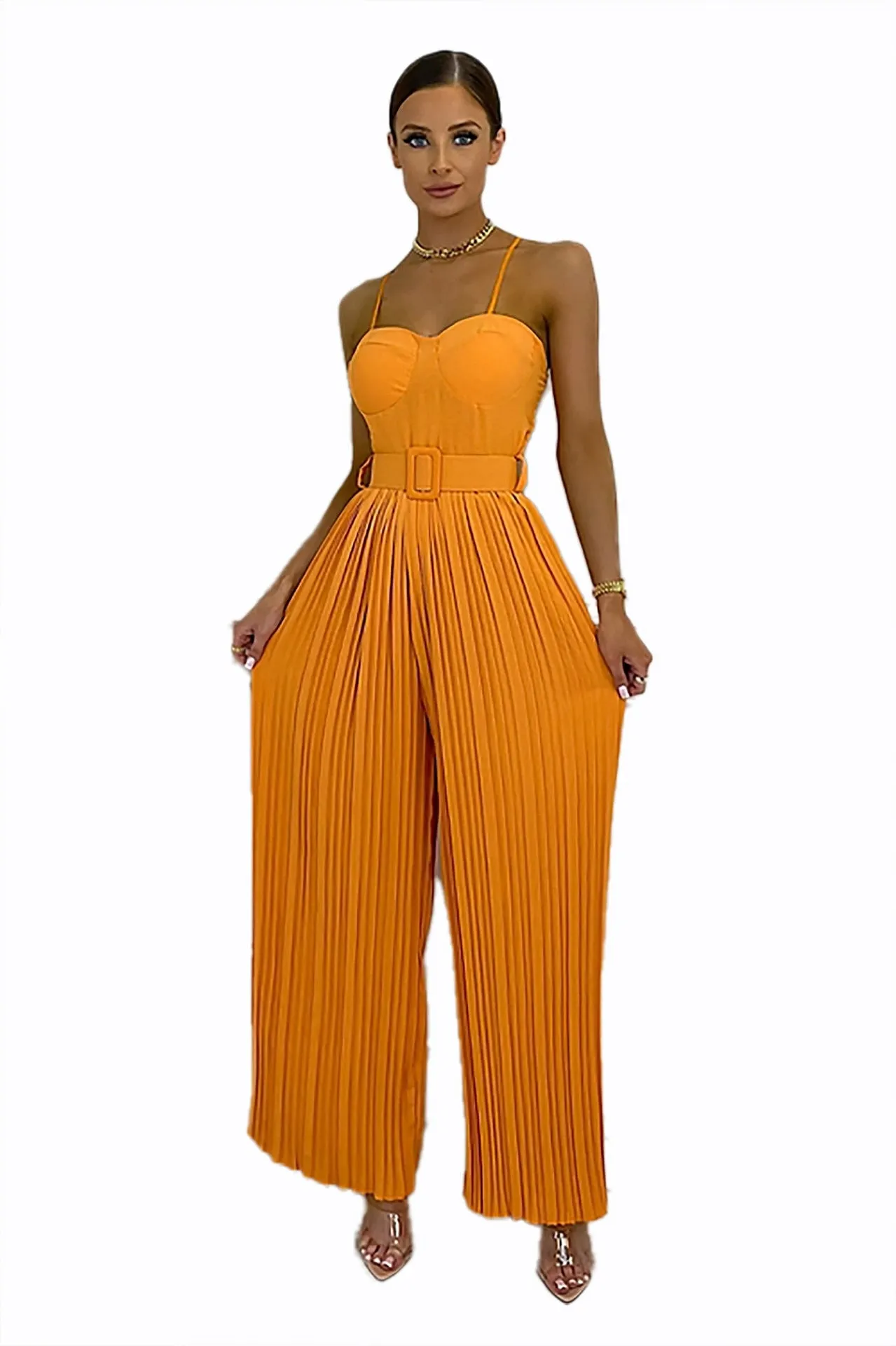 Casual Suspender Sleeveless Pleated Wide Leg Jumpsuit