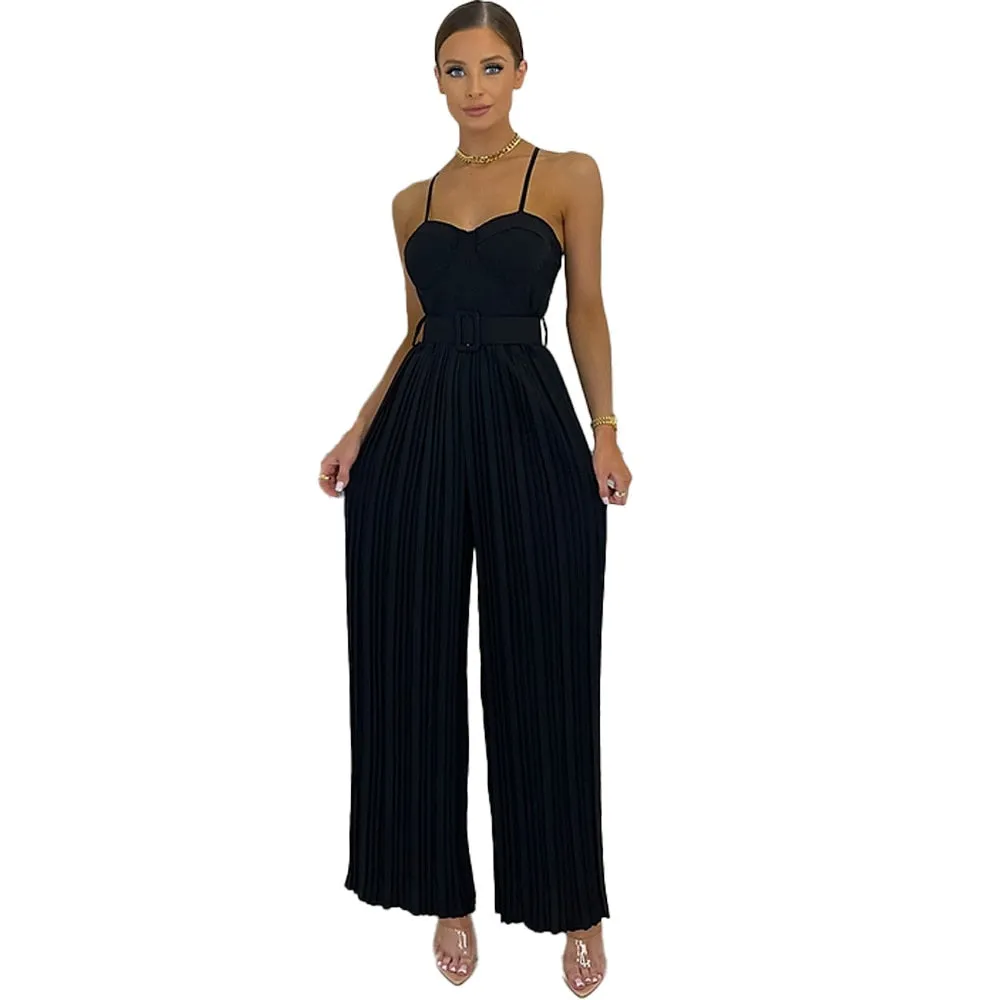 Casual Suspender Sleeveless Pleated Wide Leg Jumpsuit
