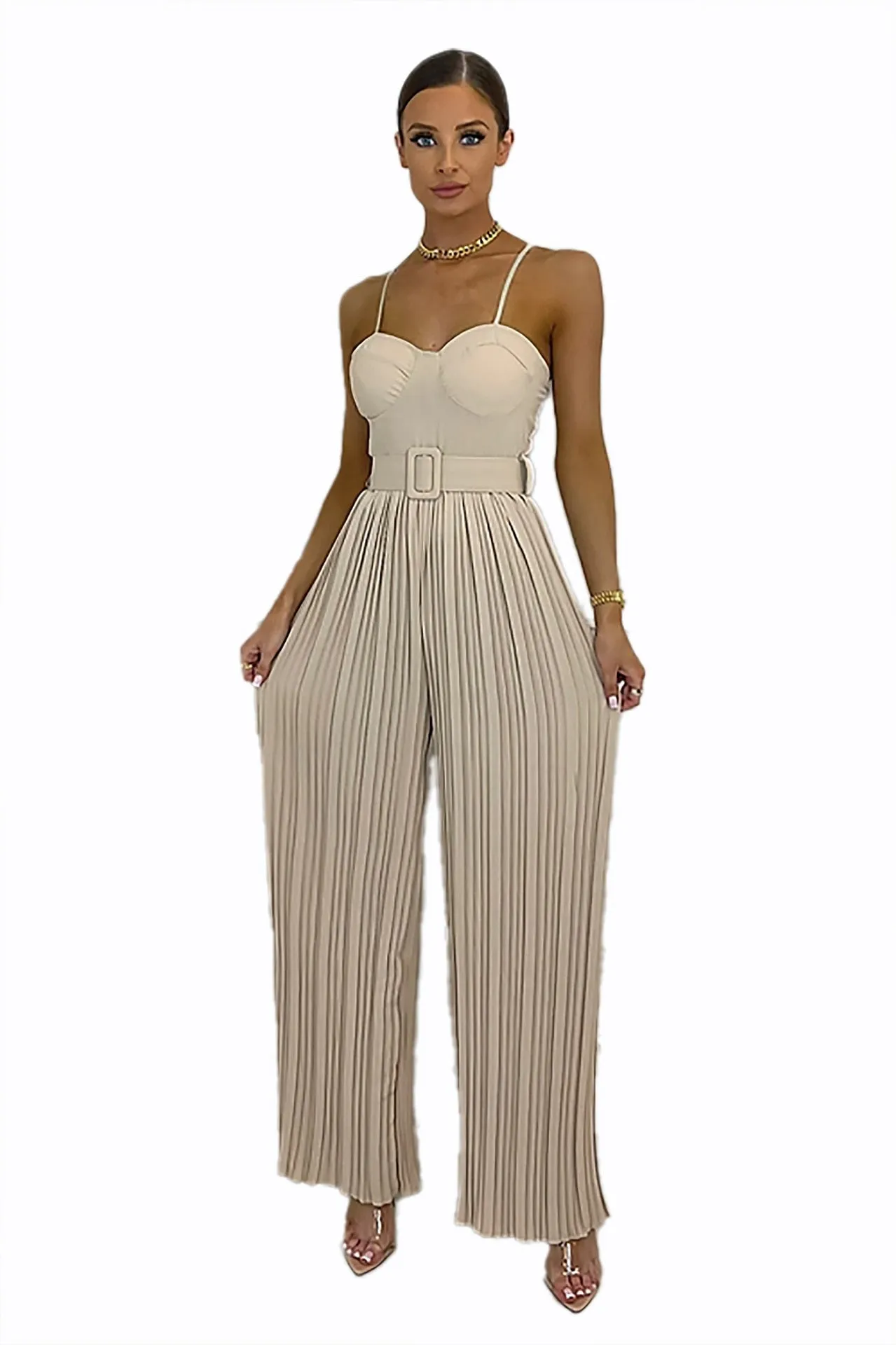 Casual Suspender Sleeveless Pleated Wide Leg Jumpsuit