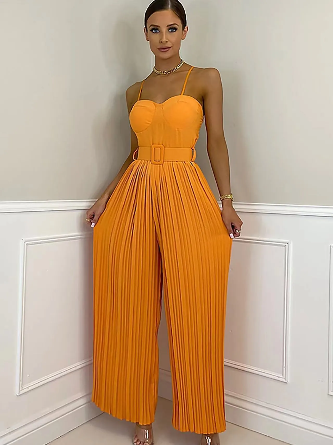 Casual Suspender Sleeveless Pleated Wide Leg Jumpsuit