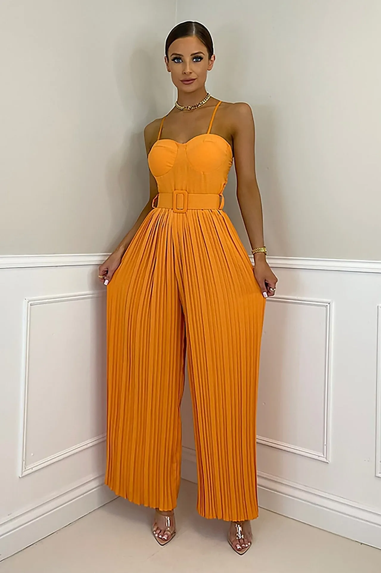 Casual Suspender Sleeveless Pleated Wide Leg Jumpsuit
