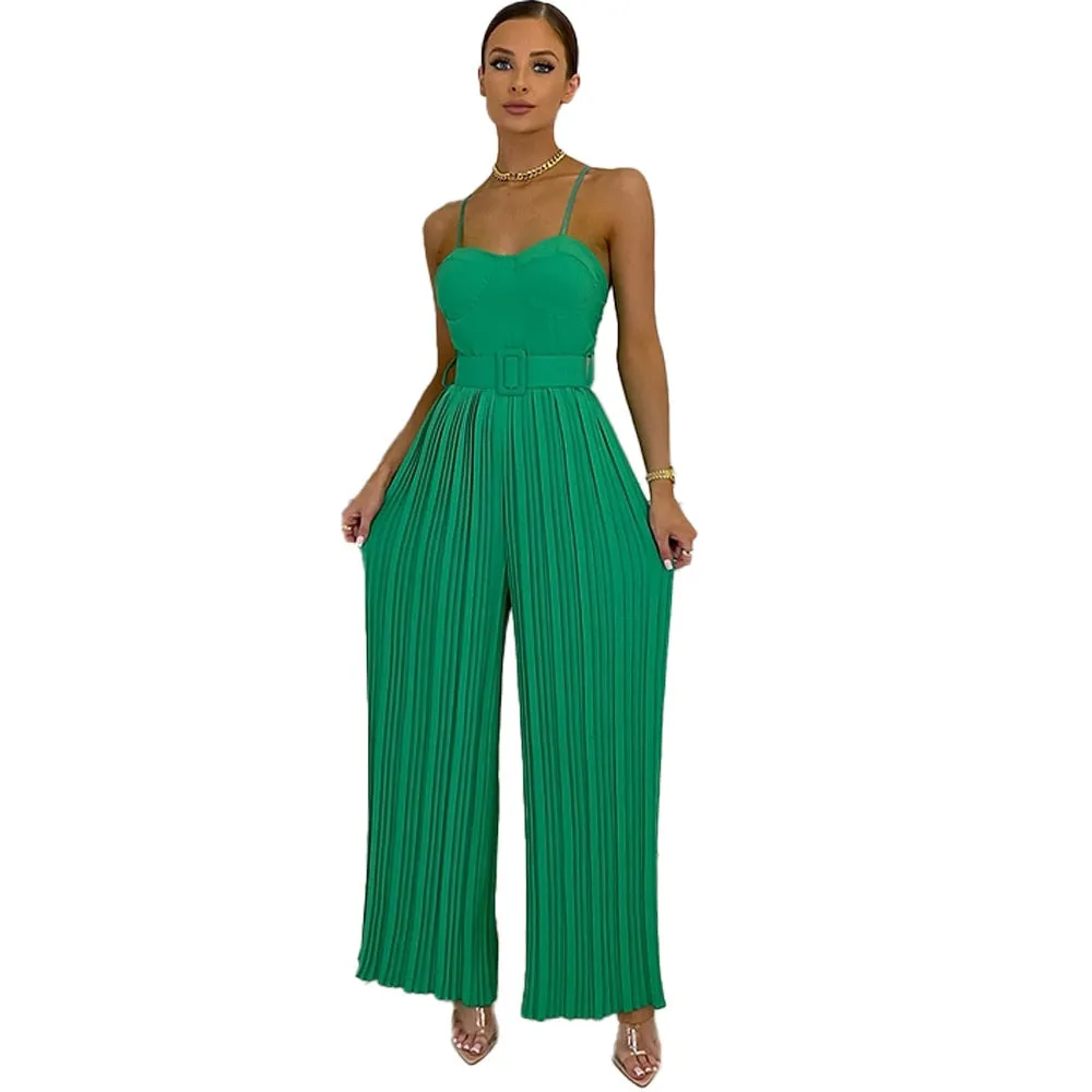 Casual Suspender Sleeveless Pleated Wide Leg Jumpsuit