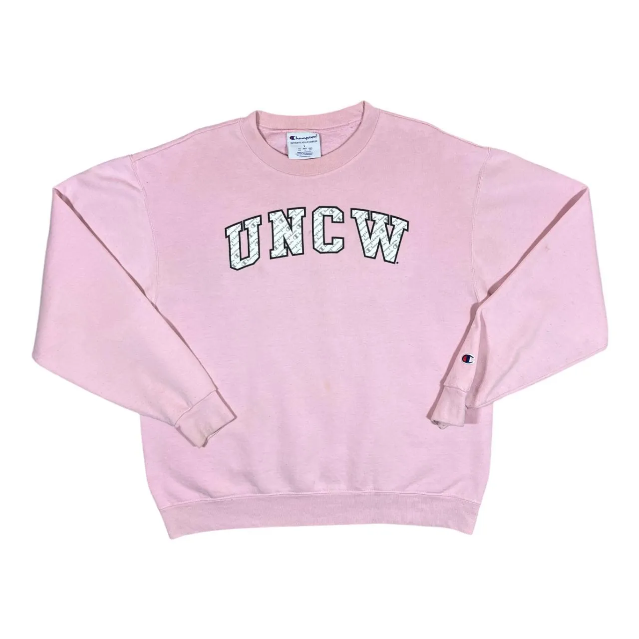 Champion UNCW College Spellout Graphic Pink Crewneck Sweatshirt