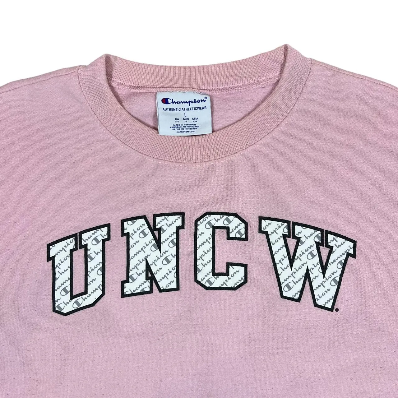 Champion UNCW College Spellout Graphic Pink Crewneck Sweatshirt
