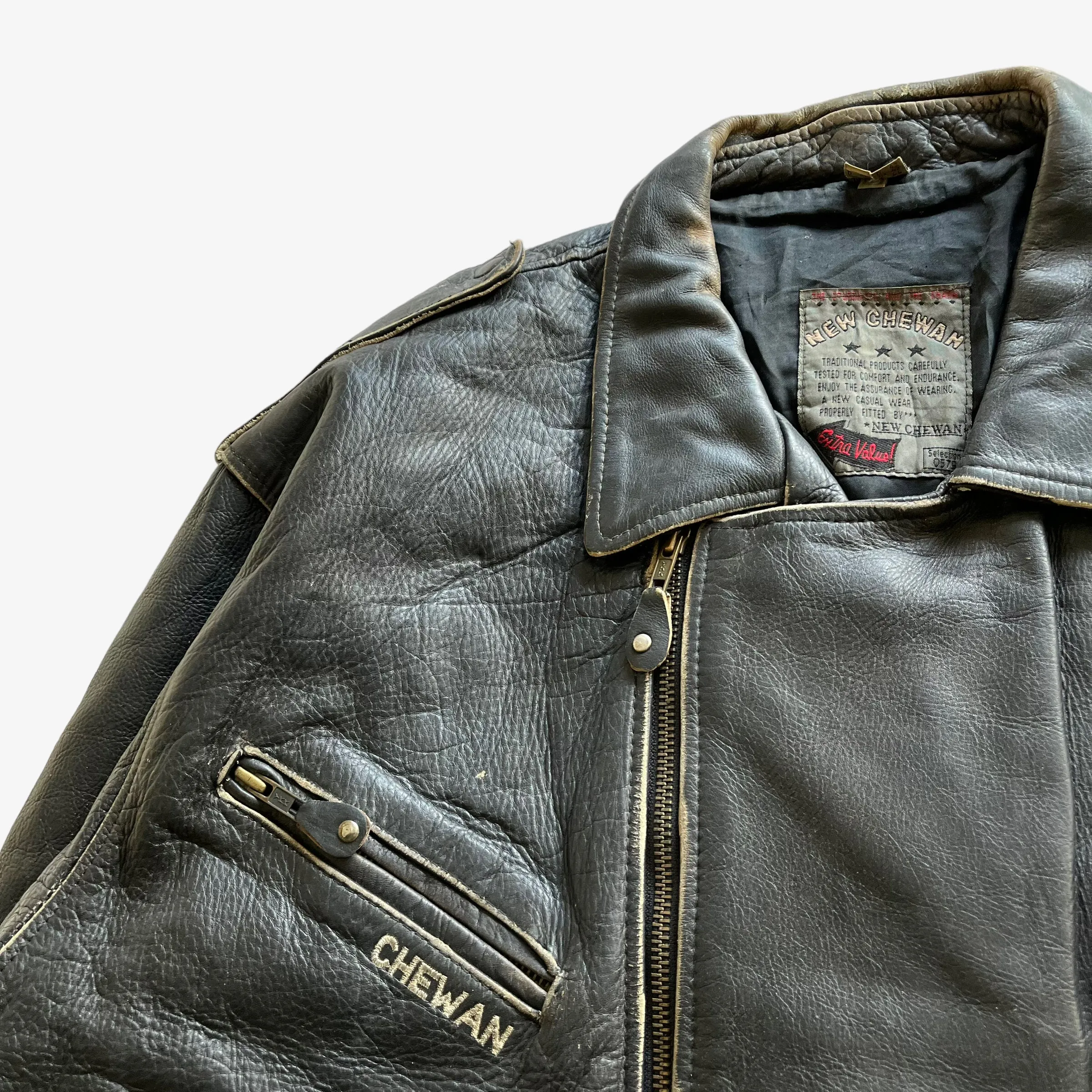 Chewan Leather Biker Jacket With Back Embroidered Spell Out