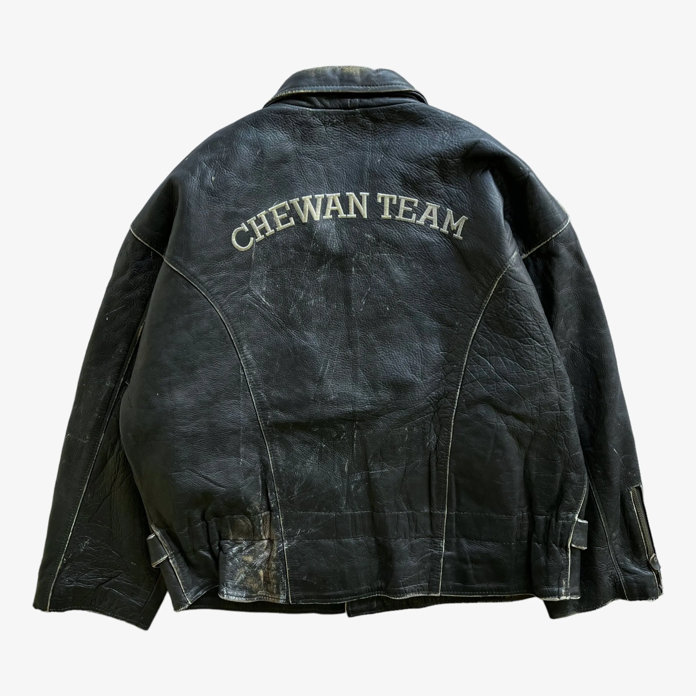 Chewan Leather Biker Jacket With Back Embroidered Spell Out