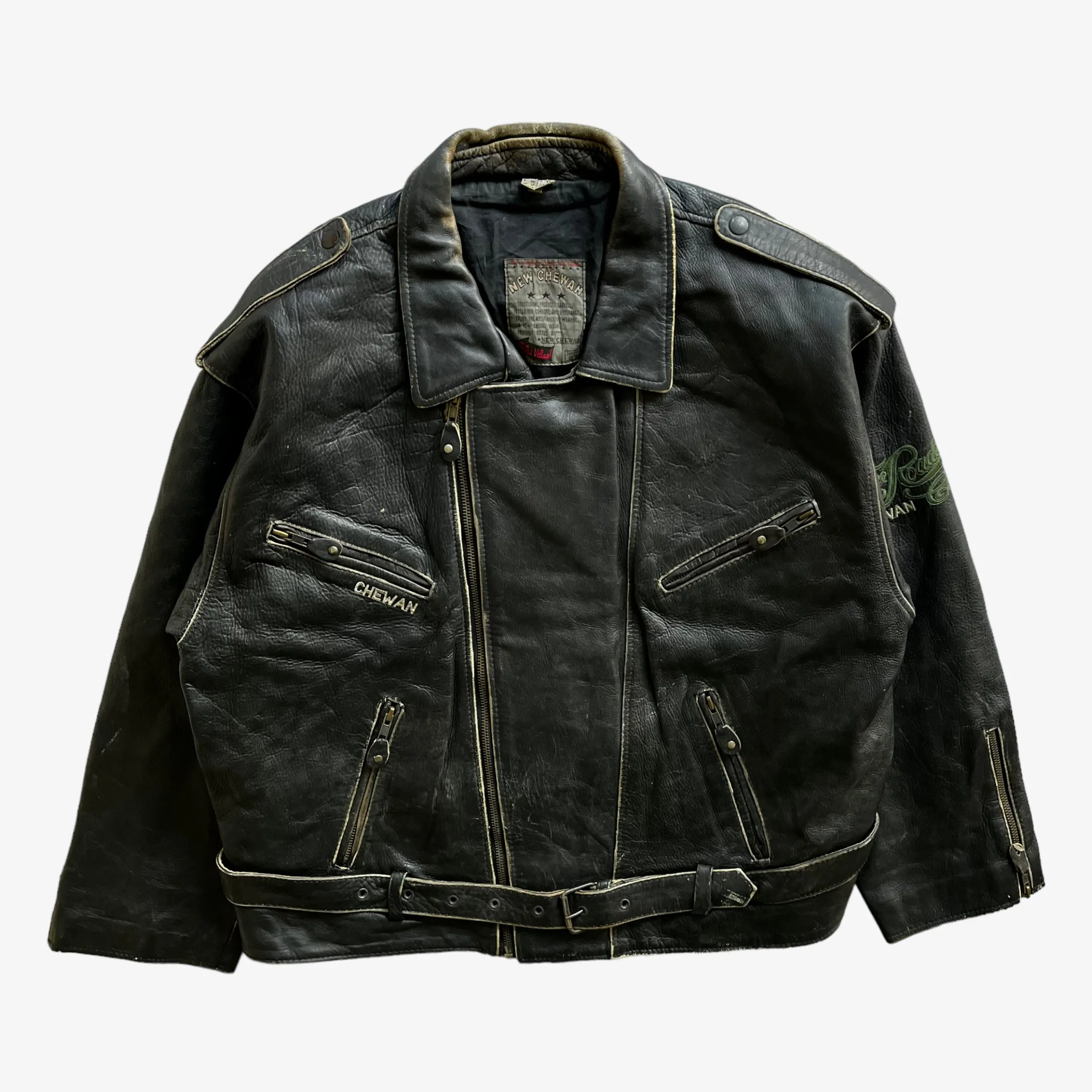 Chewan Leather Biker Jacket With Back Embroidered Spell Out