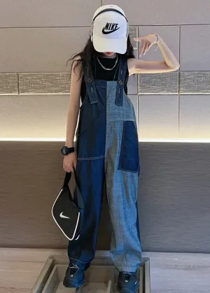Chic Navy Pockets High Waist Girls Denim Overalls Jumpsuit Fall LY9989