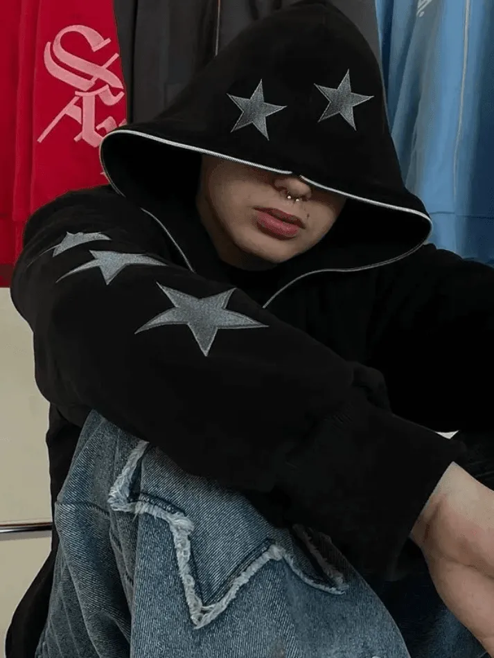 Chicmy-Men's Punk Star Embroidery Zip-Up Hoodie
