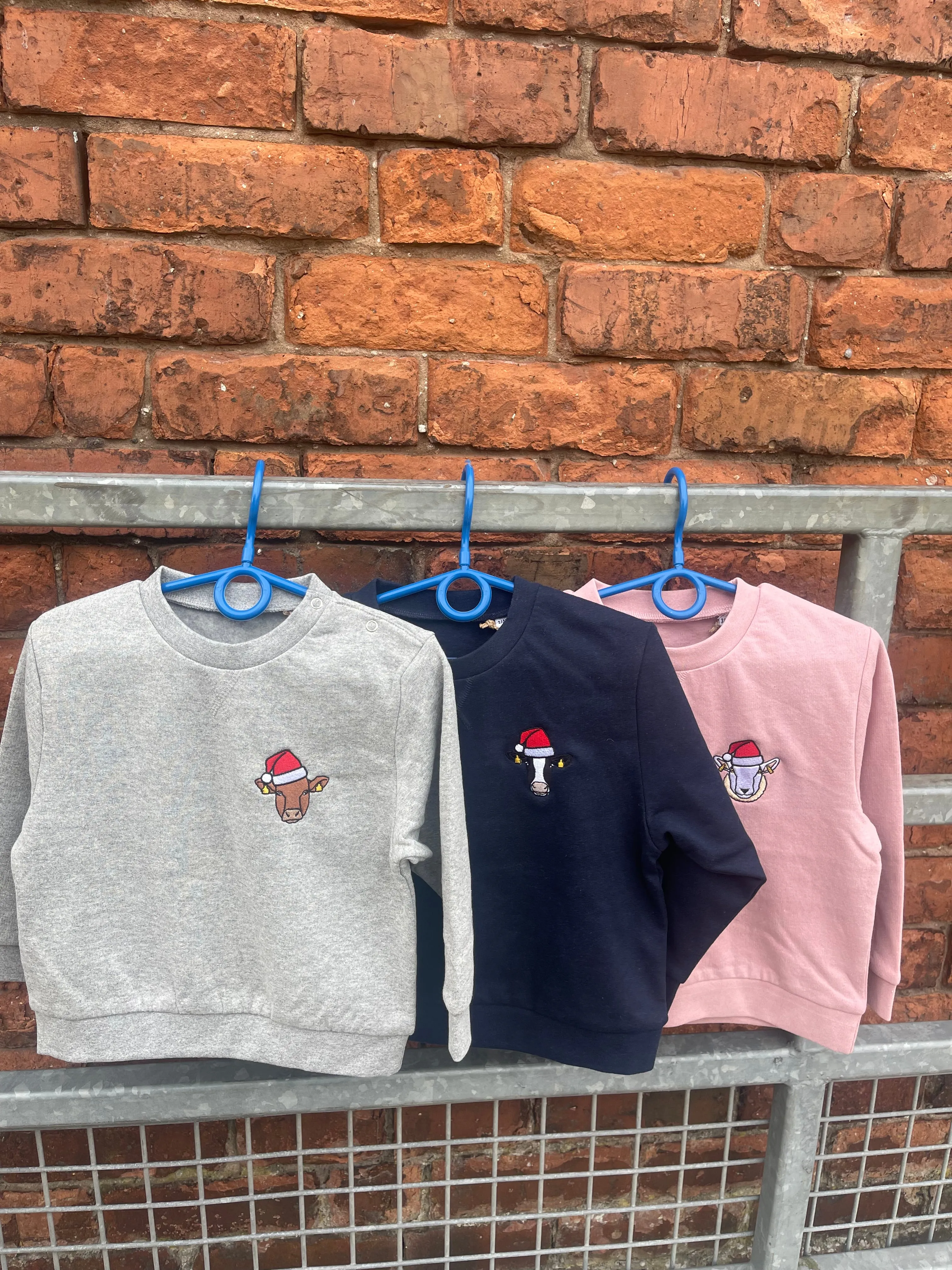 Children's Christmas Sustainable Sweatshirt Embroidered With Animal Santa Hat Design