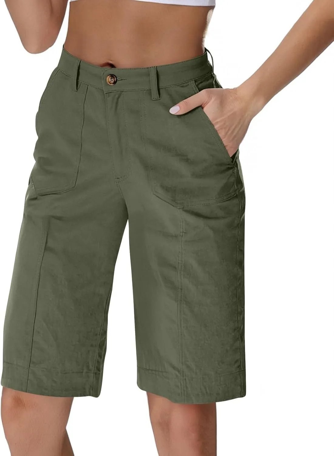 Chino Shorts for Women Summer Dressy Casual Knee Length Bermuda Shorts Elastic High Waisted Long Short with Pockets