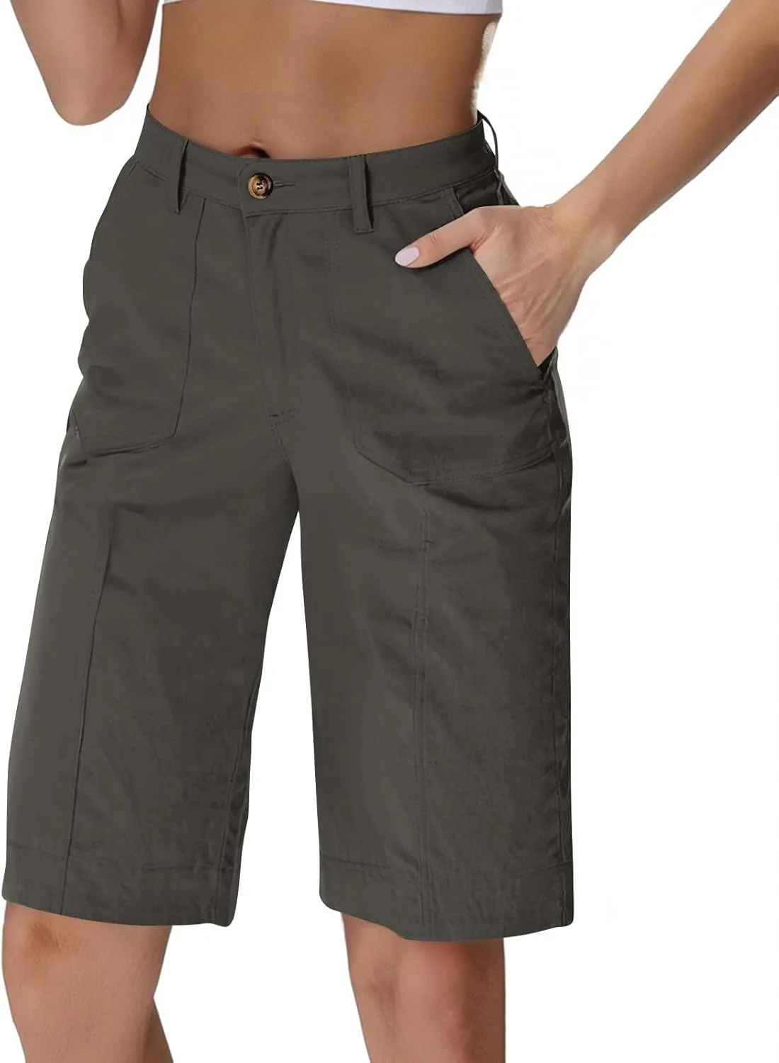 Chino Shorts for Women Summer Dressy Casual Knee Length Bermuda Shorts Elastic High Waisted Long Short with Pockets