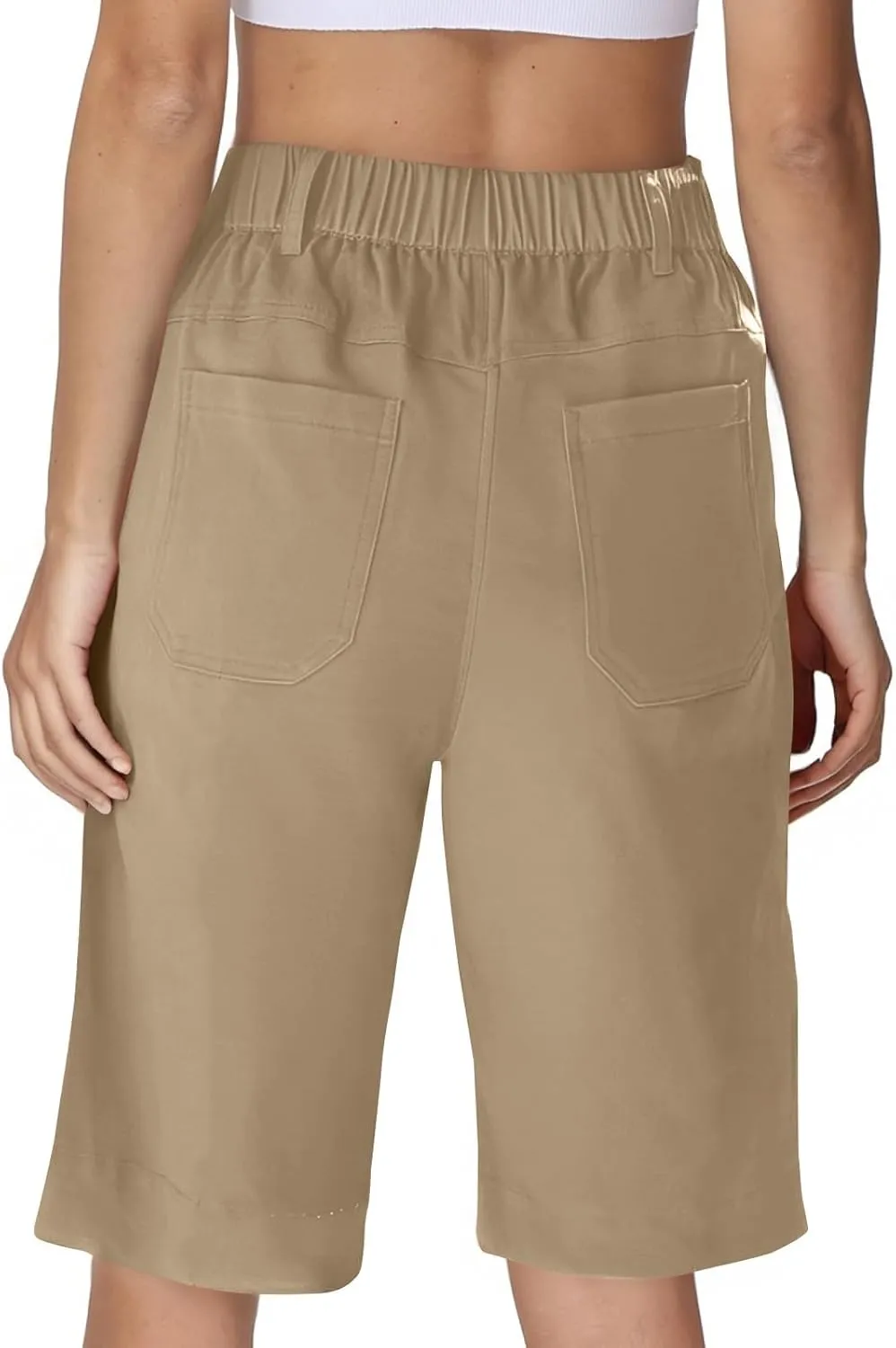 Chino Shorts for Women Summer Dressy Casual Knee Length Bermuda Shorts Elastic High Waisted Long Short with Pockets