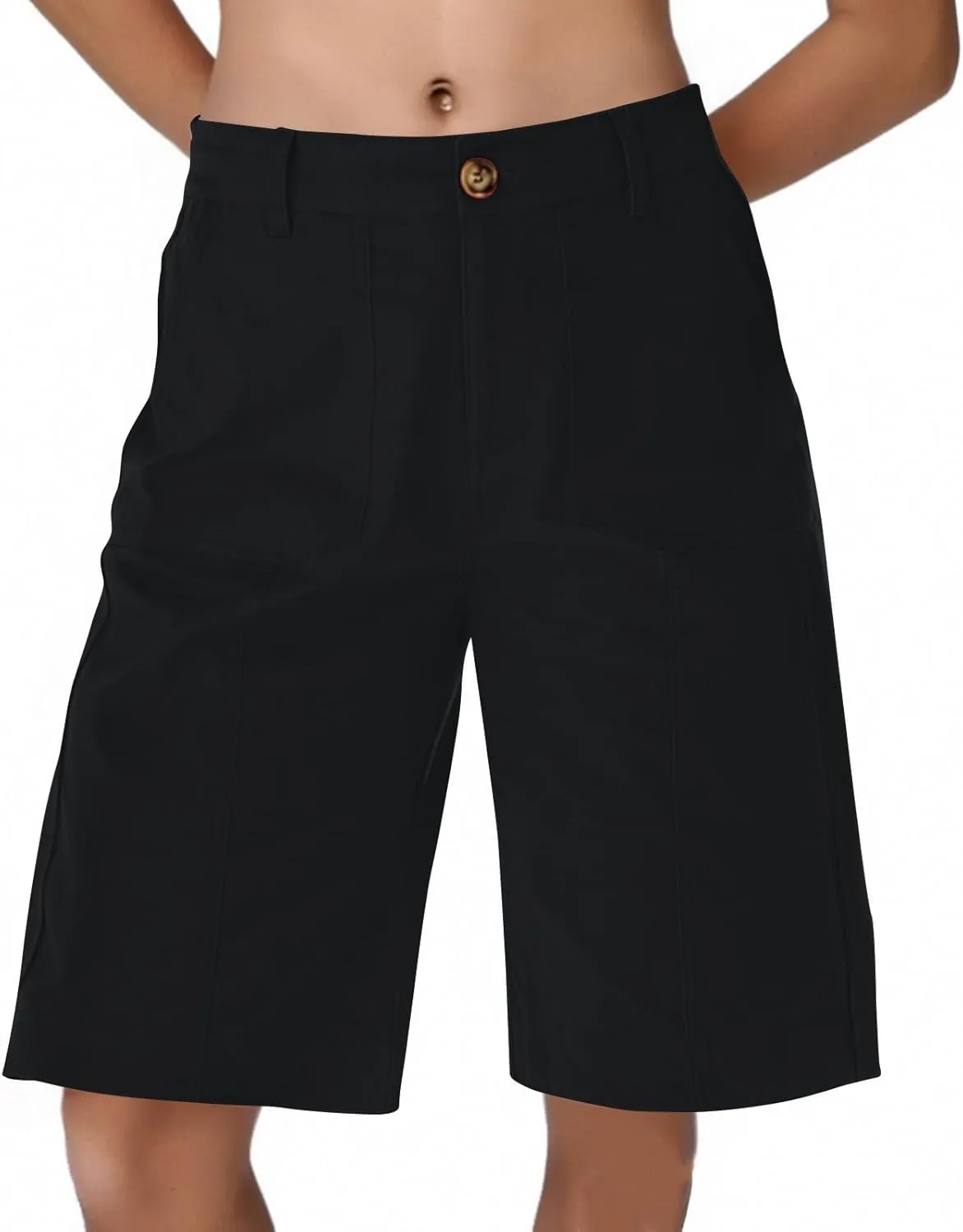 Chino Shorts for Women Summer Dressy Casual Knee Length Bermuda Shorts Elastic High Waisted Long Short with Pockets