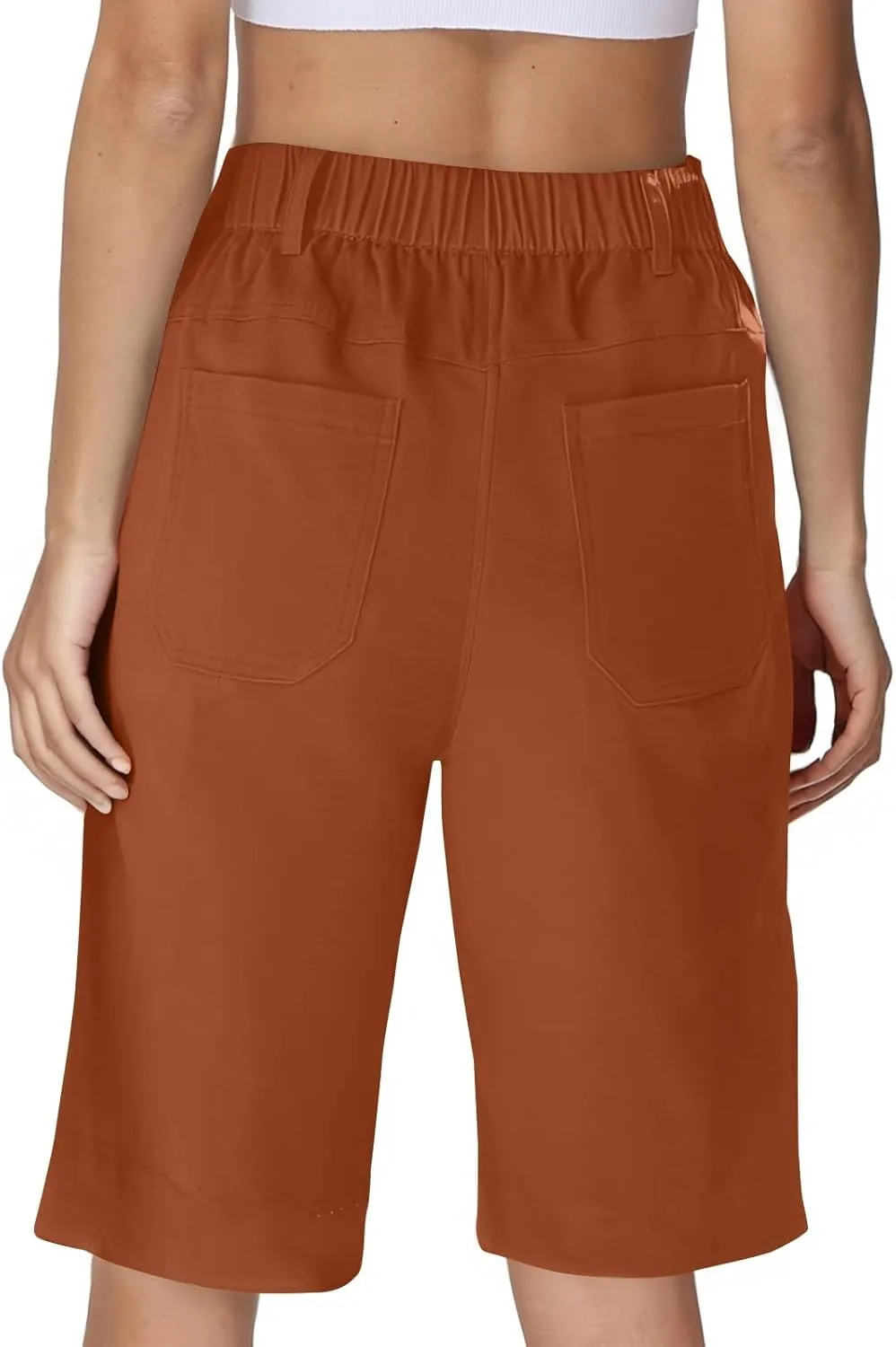 Chino Shorts for Women Summer Dressy Casual Knee Length Bermuda Shorts Elastic High Waisted Long Short with Pockets