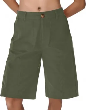 Chino Shorts for Women Summer Dressy Casual Knee Length Bermuda Shorts Elastic High Waisted Long Short with Pockets