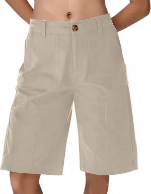 Chino Shorts for Women Summer Dressy Casual Knee Length Bermuda Shorts Elastic High Waisted Long Short with Pockets