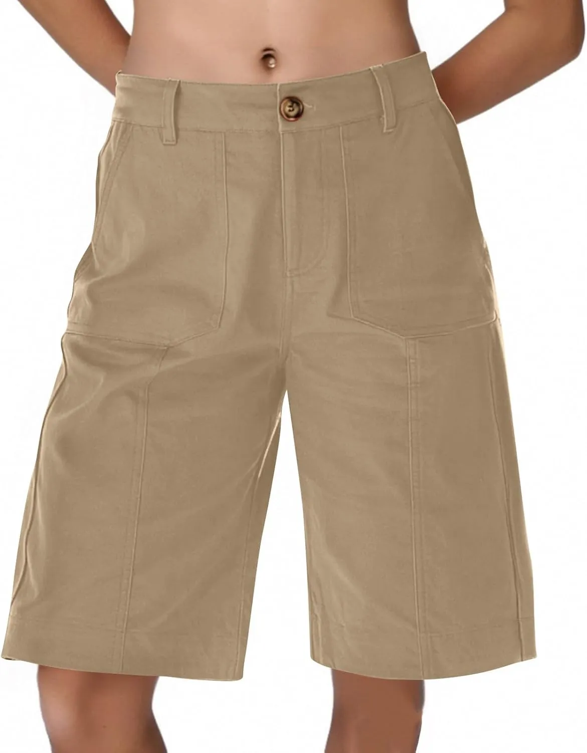 Chino Shorts for Women Summer Dressy Casual Knee Length Bermuda Shorts Elastic High Waisted Long Short with Pockets