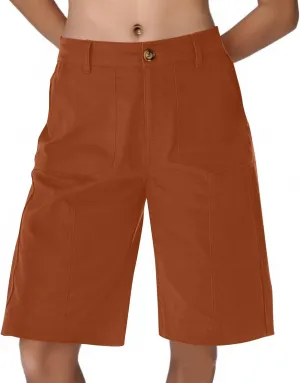 Chino Shorts for Women Summer Dressy Casual Knee Length Bermuda Shorts Elastic High Waisted Long Short with Pockets