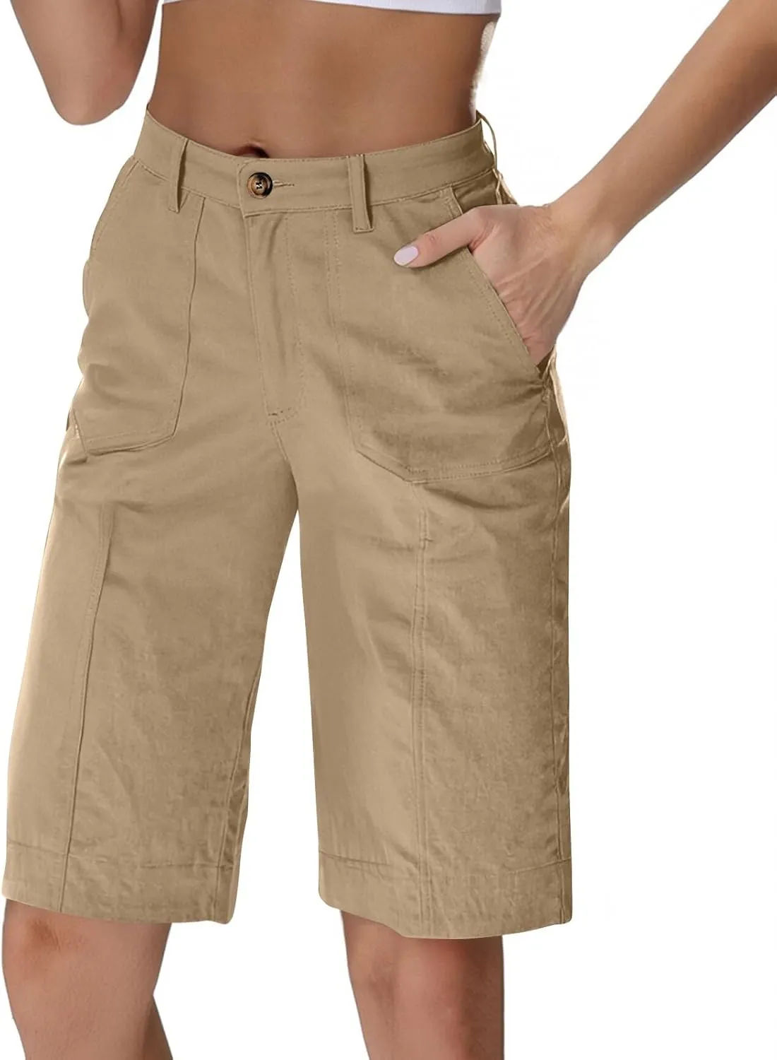 Chino Shorts for Women Summer Dressy Casual Knee Length Bermuda Shorts Elastic High Waisted Long Short with Pockets