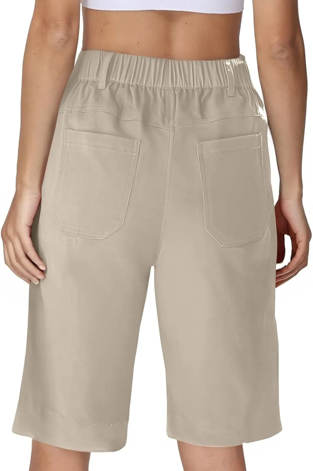 Chino Shorts for Women Summer Dressy Casual Knee Length Bermuda Shorts Elastic High Waisted Long Short with Pockets