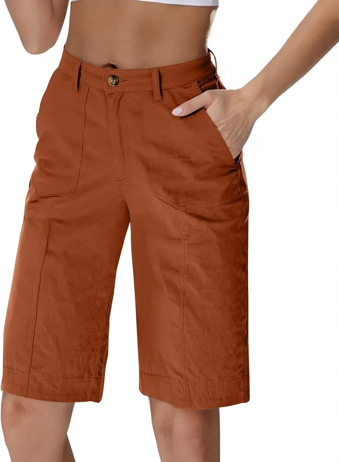 Chino Shorts for Women Summer Dressy Casual Knee Length Bermuda Shorts Elastic High Waisted Long Short with Pockets