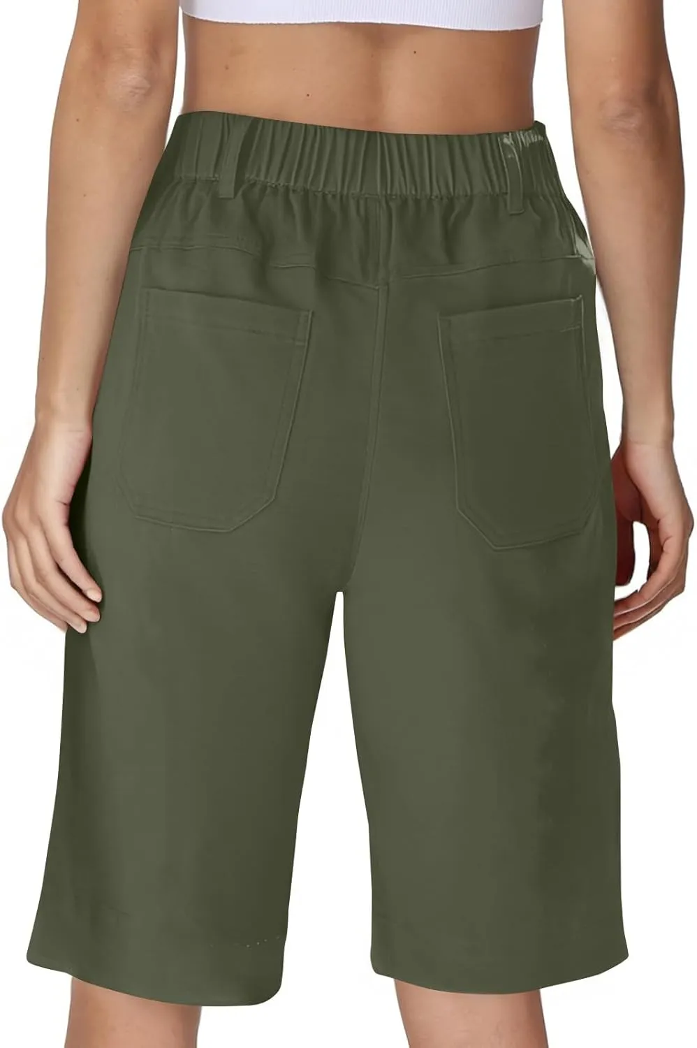 Chino Shorts for Women Summer Dressy Casual Knee Length Bermuda Shorts Elastic High Waisted Long Short with Pockets
