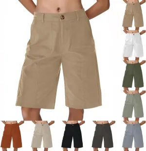 Chino Shorts for Women Summer Dressy Casual Knee Length Bermuda Shorts Elastic High Waisted Long Short with Pockets