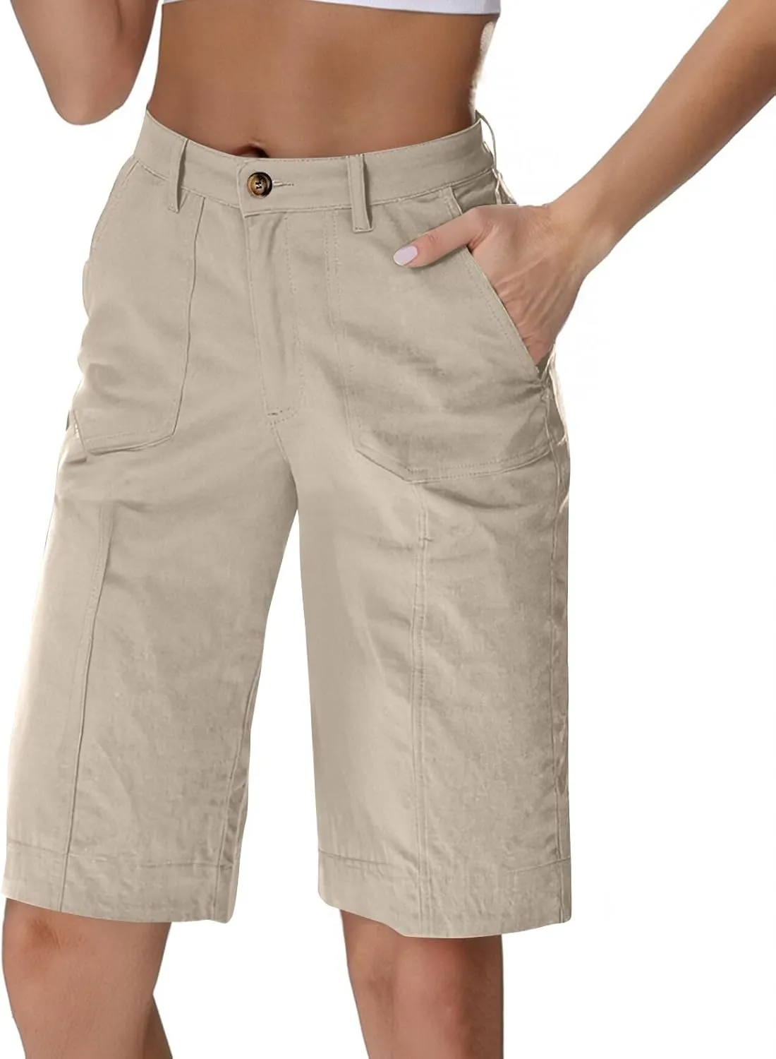 Chino Shorts for Women Summer Dressy Casual Knee Length Bermuda Shorts Elastic High Waisted Long Short with Pockets