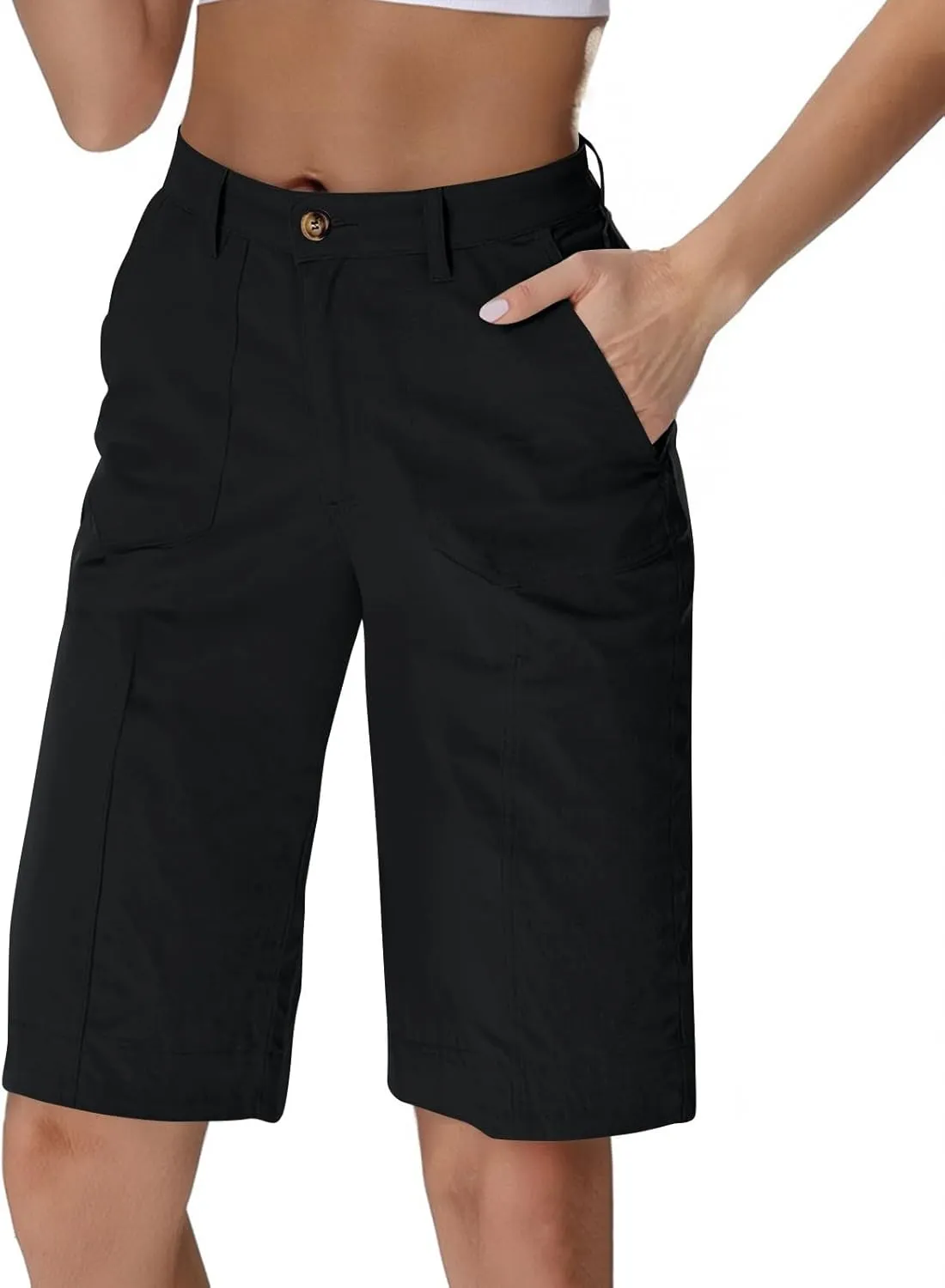 Chino Shorts for Women Summer Dressy Casual Knee Length Bermuda Shorts Elastic High Waisted Long Short with Pockets