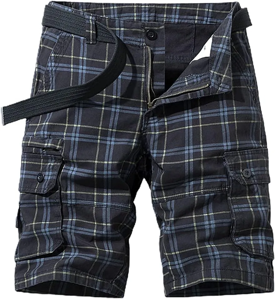 chouyatou Men's Summer Cool Multi-Pocket Straight Leg Utility Plaid Cargo Shorts