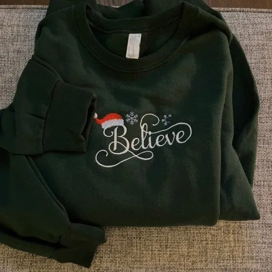 Christmas Sweatshirt Embroidered - Sweatshirts- Embroidered Sweatshirts - Christmas - Believe Santa