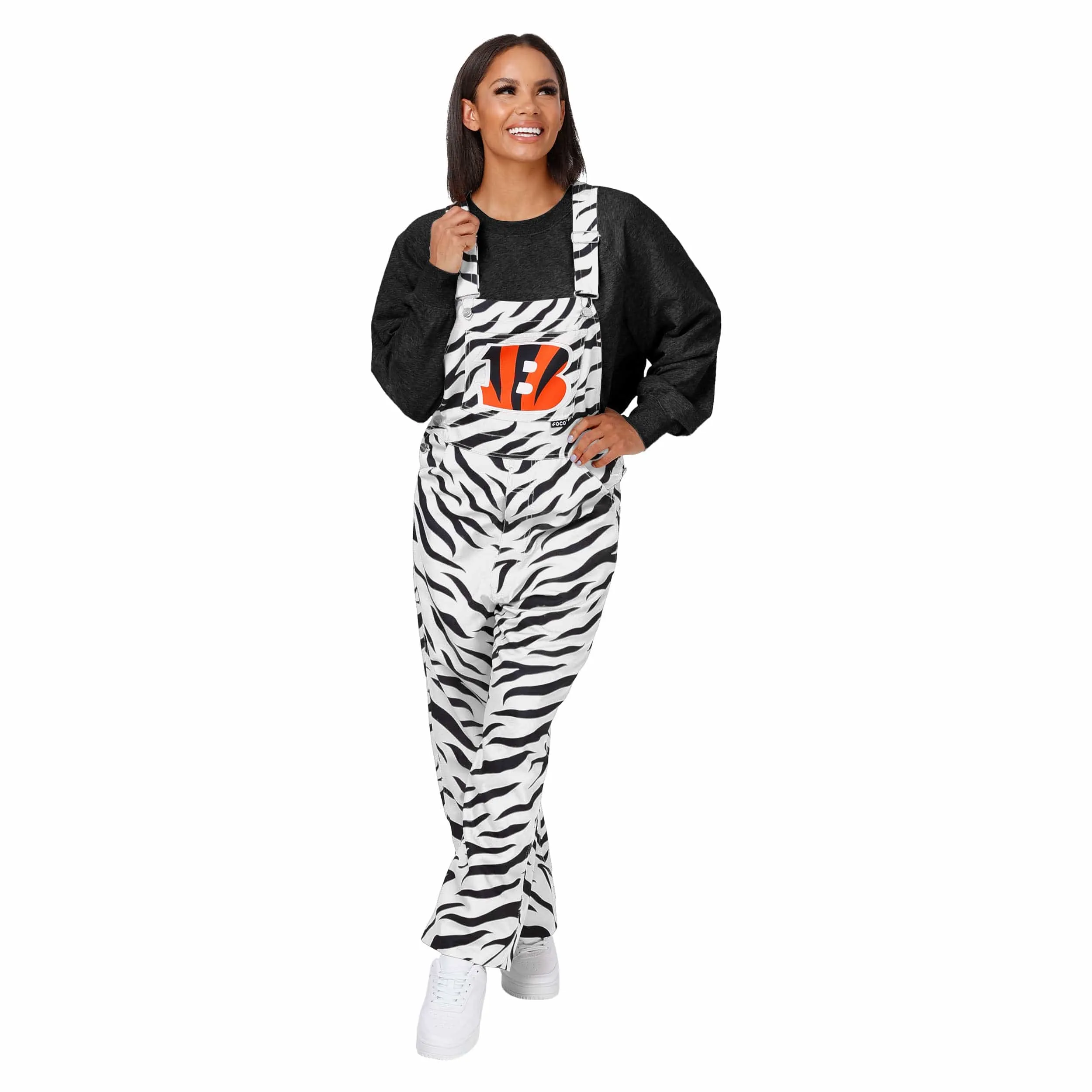 Cincinnati Bengals NFL Womens White Tiger Stripe Thematic Bib Overalls